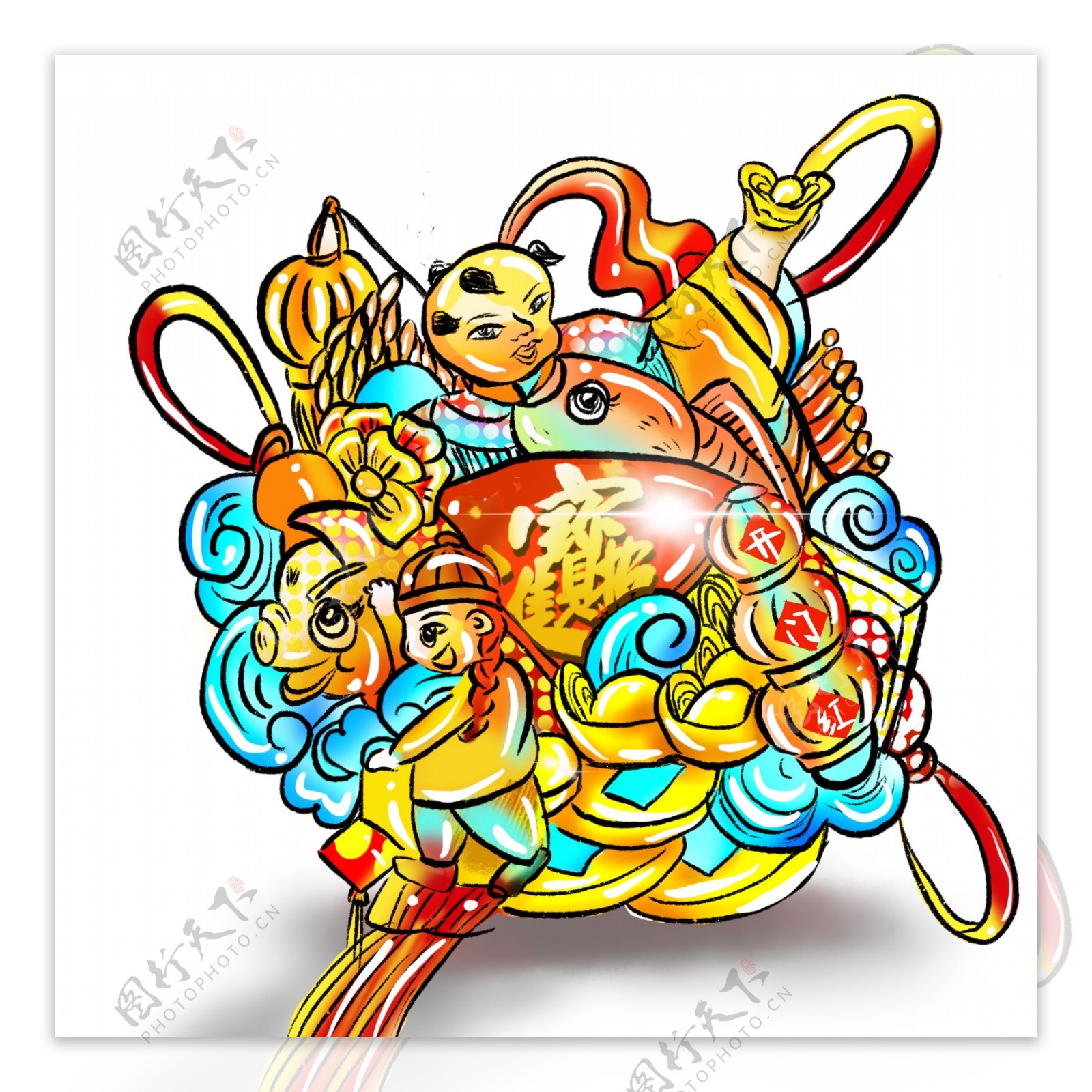 中国结元宝福娃春节过年金色猪招财元素