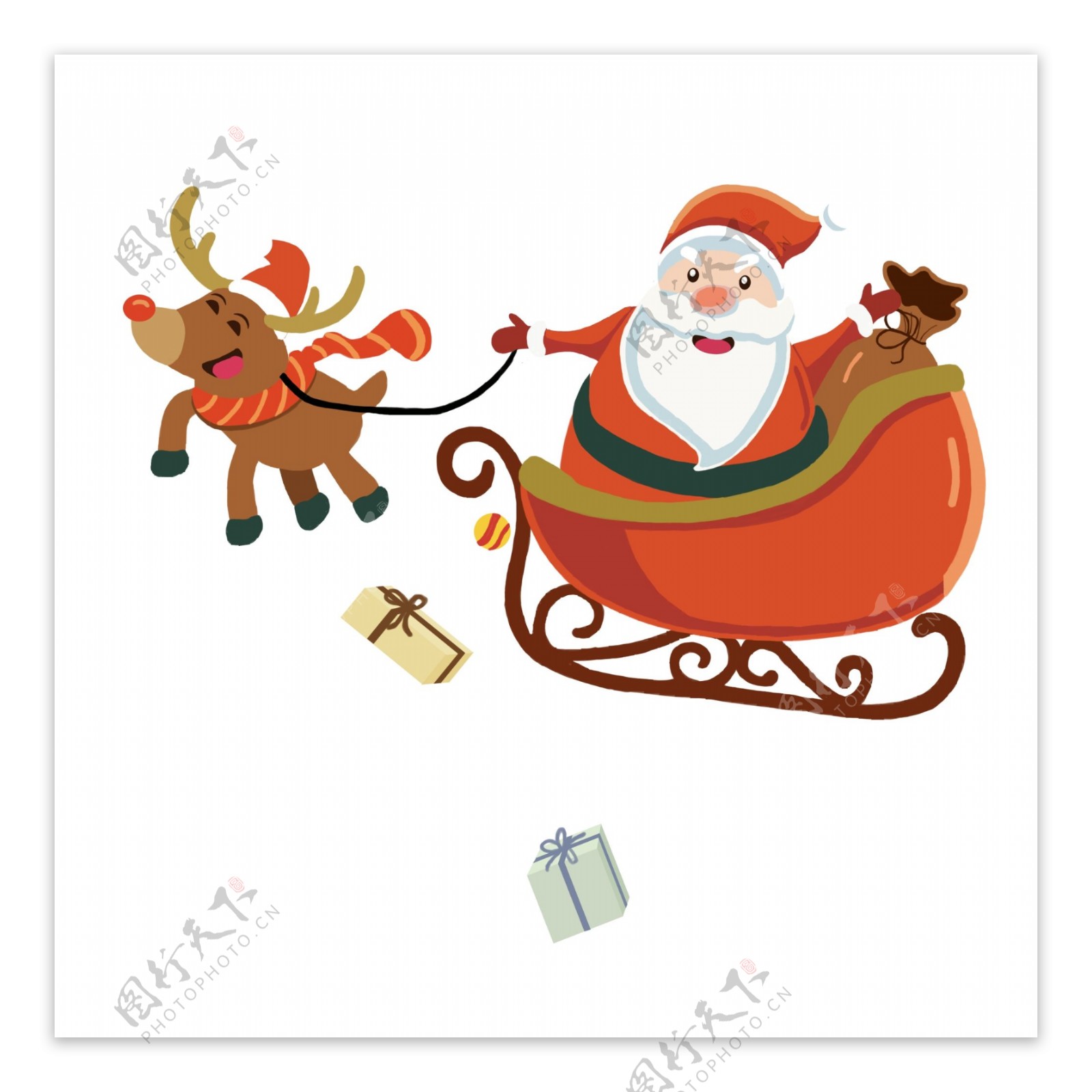 手绘骑着雪橇派礼物的圣诞老人