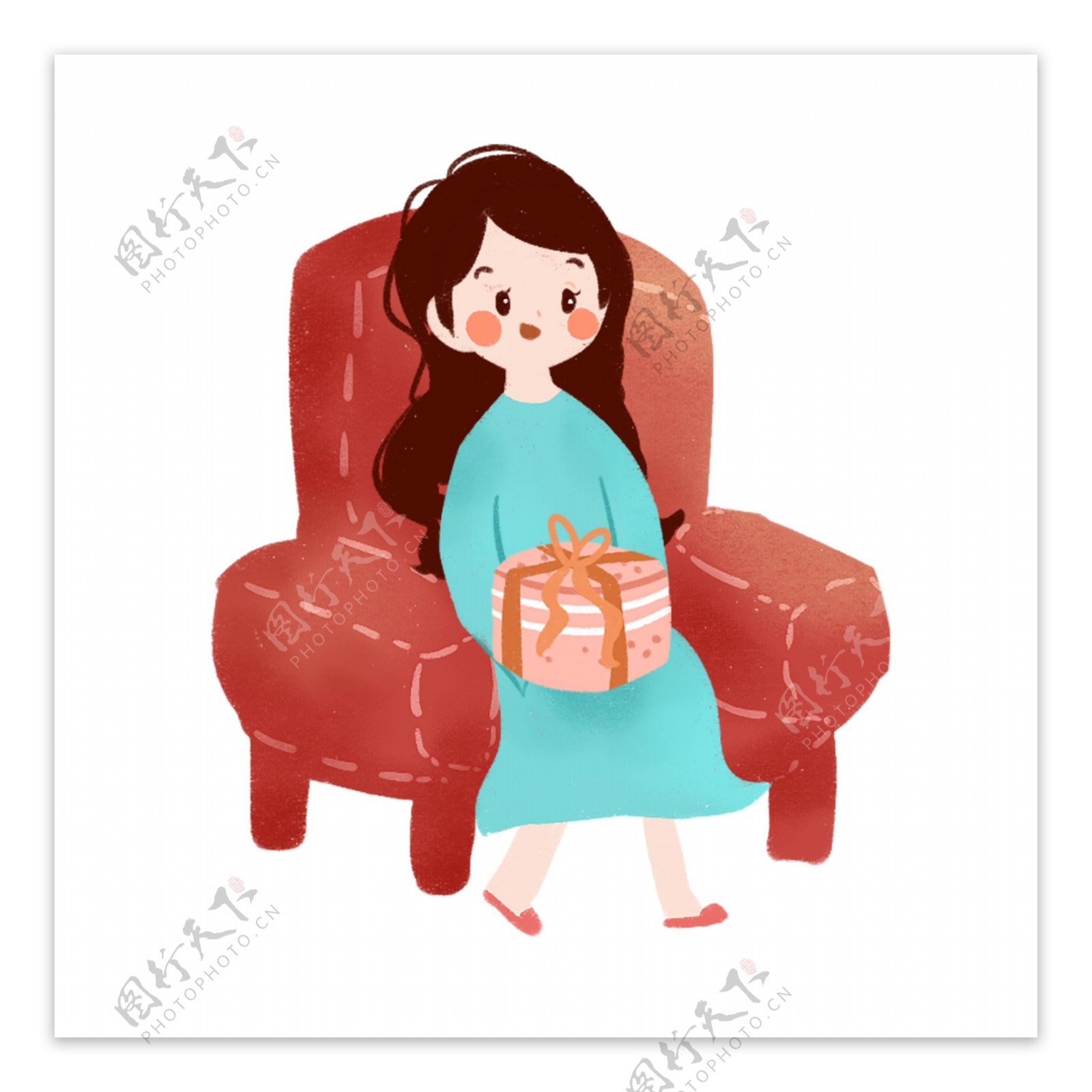 卡通可爱拿着礼物坐在沙发上的女孩