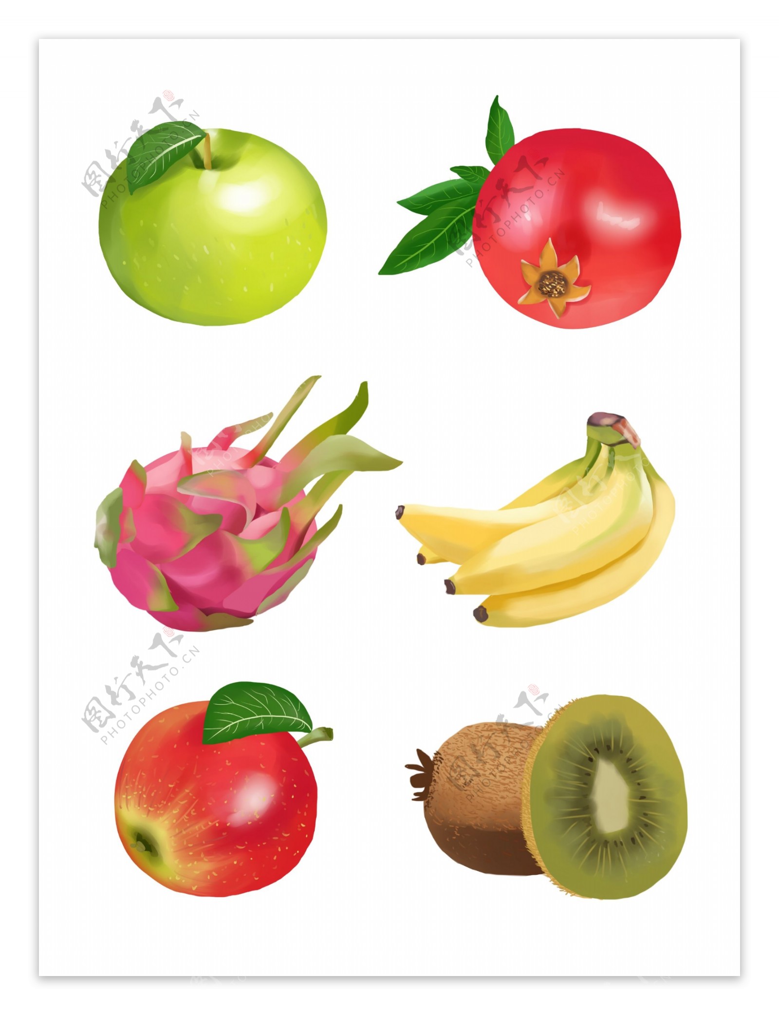 水果手绘仿真插画苹果石榴火龙果香蕉猕猴桃