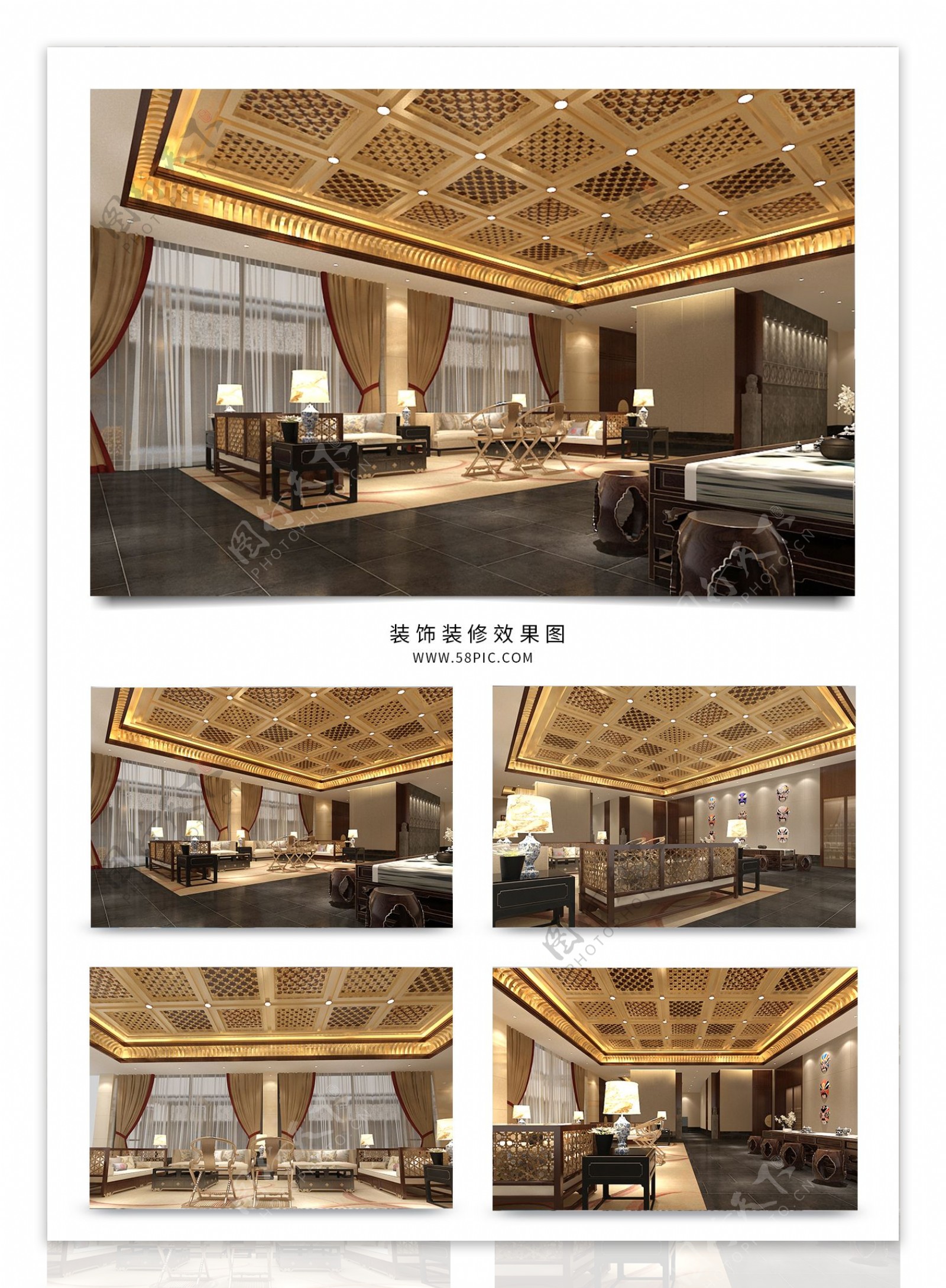 现代中式酒店休闲大堂效果图模型