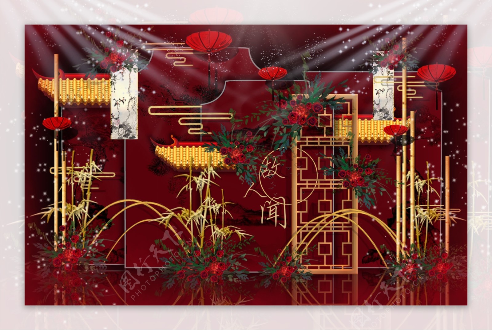 红色系新中式中国风婚礼效果图