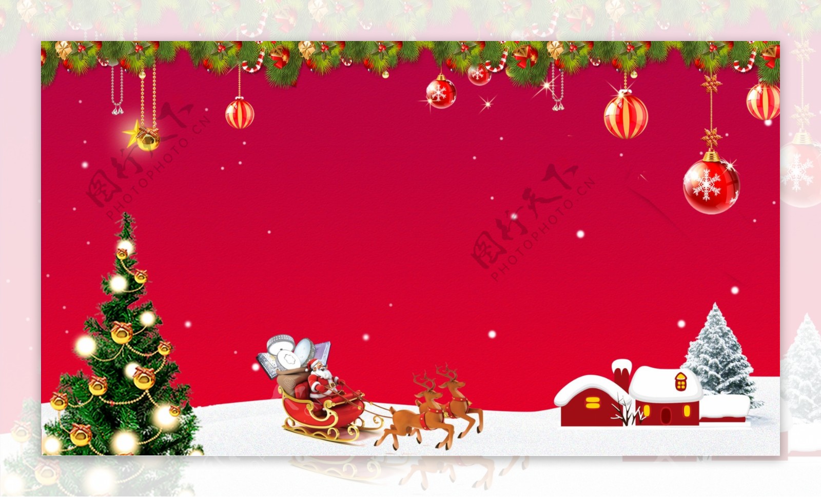 红色圣诞节雪地雪屋卡通背景