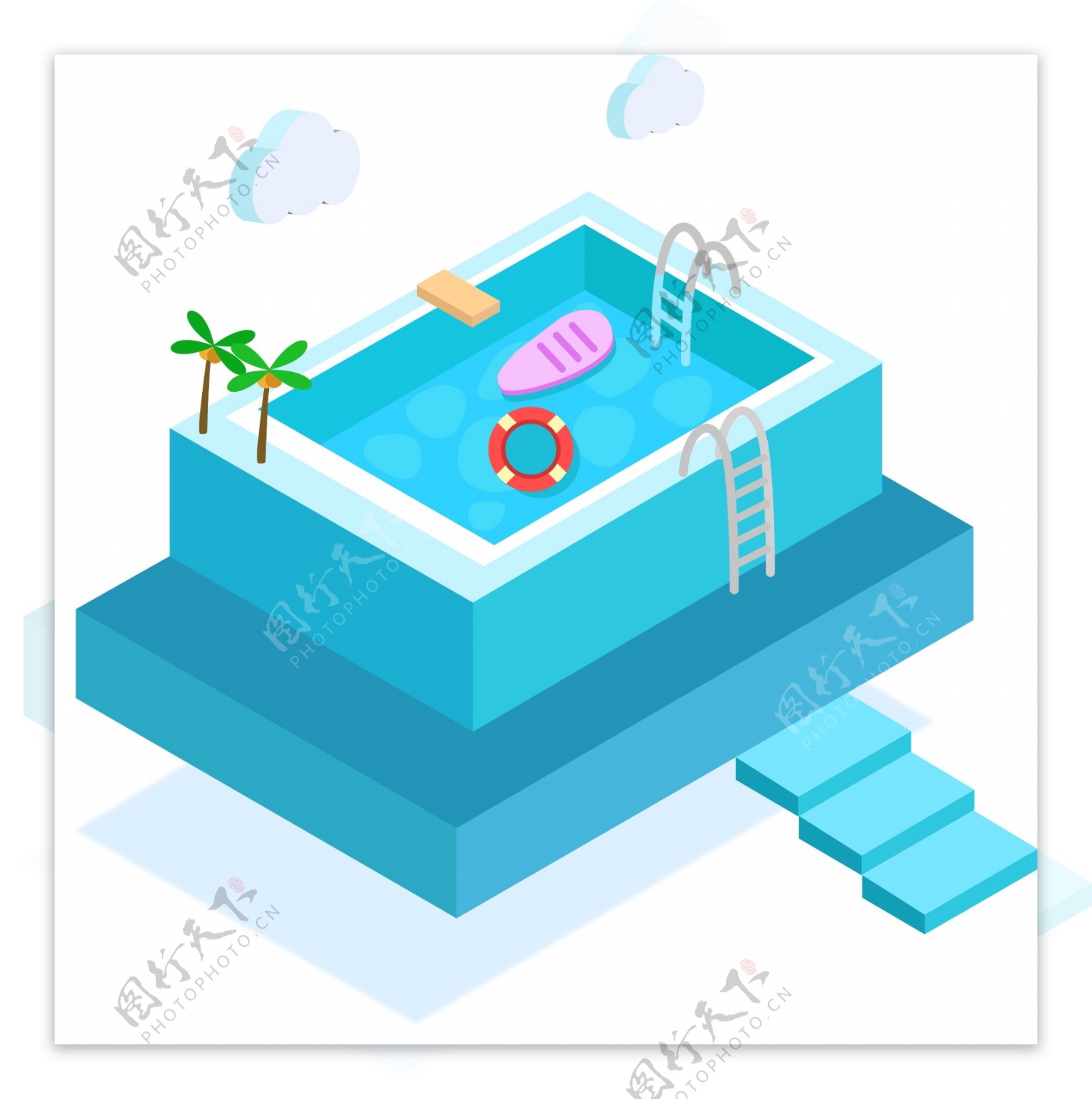 2.5D插图游泳池玩乐夏天卡通矢量图