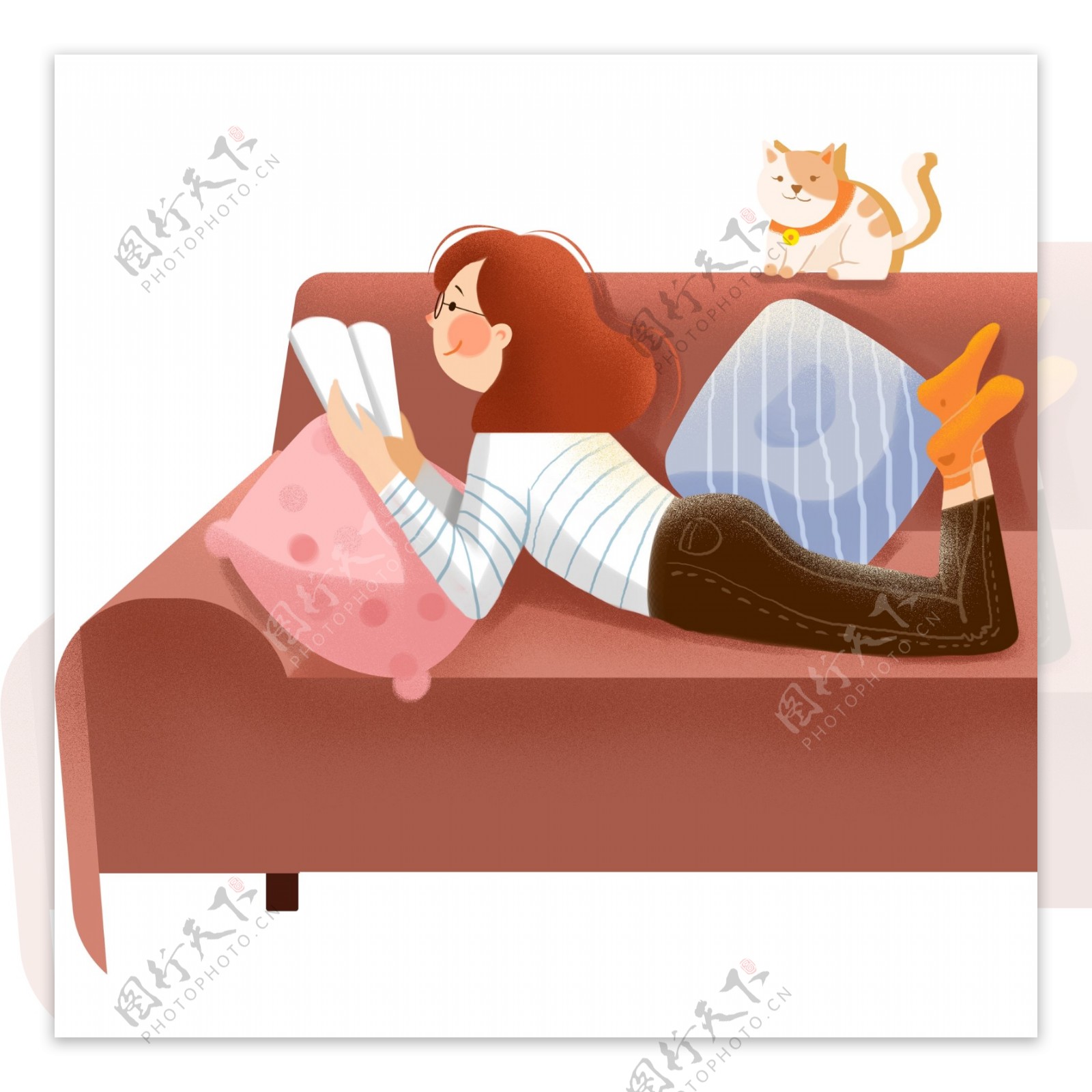 彩绘沙发上看书的女孩