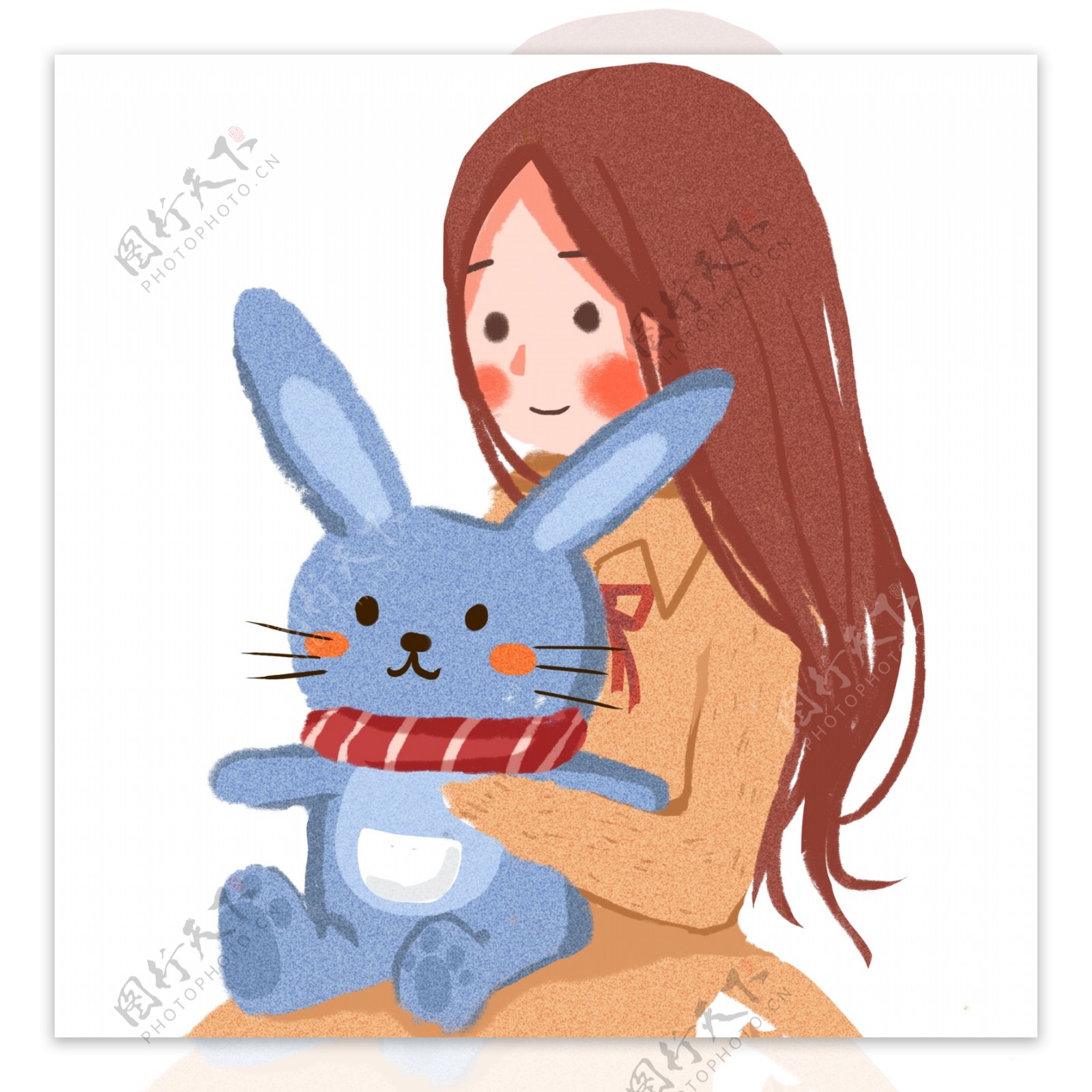 卡通可爱抱着兔子玩偶的女孩