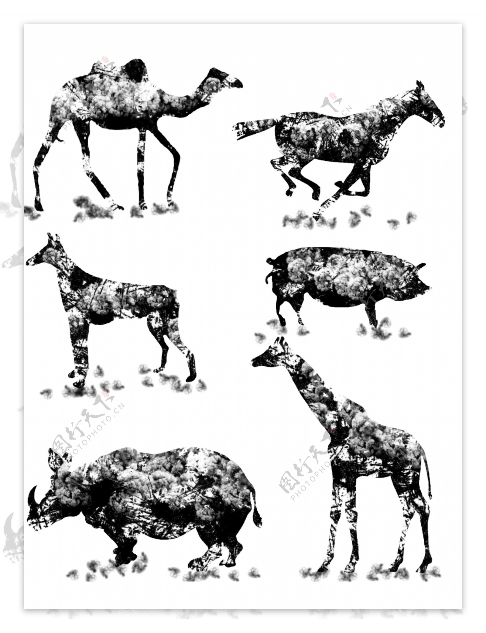 手绘中国风黑白水墨画动物集可商用免扣素材