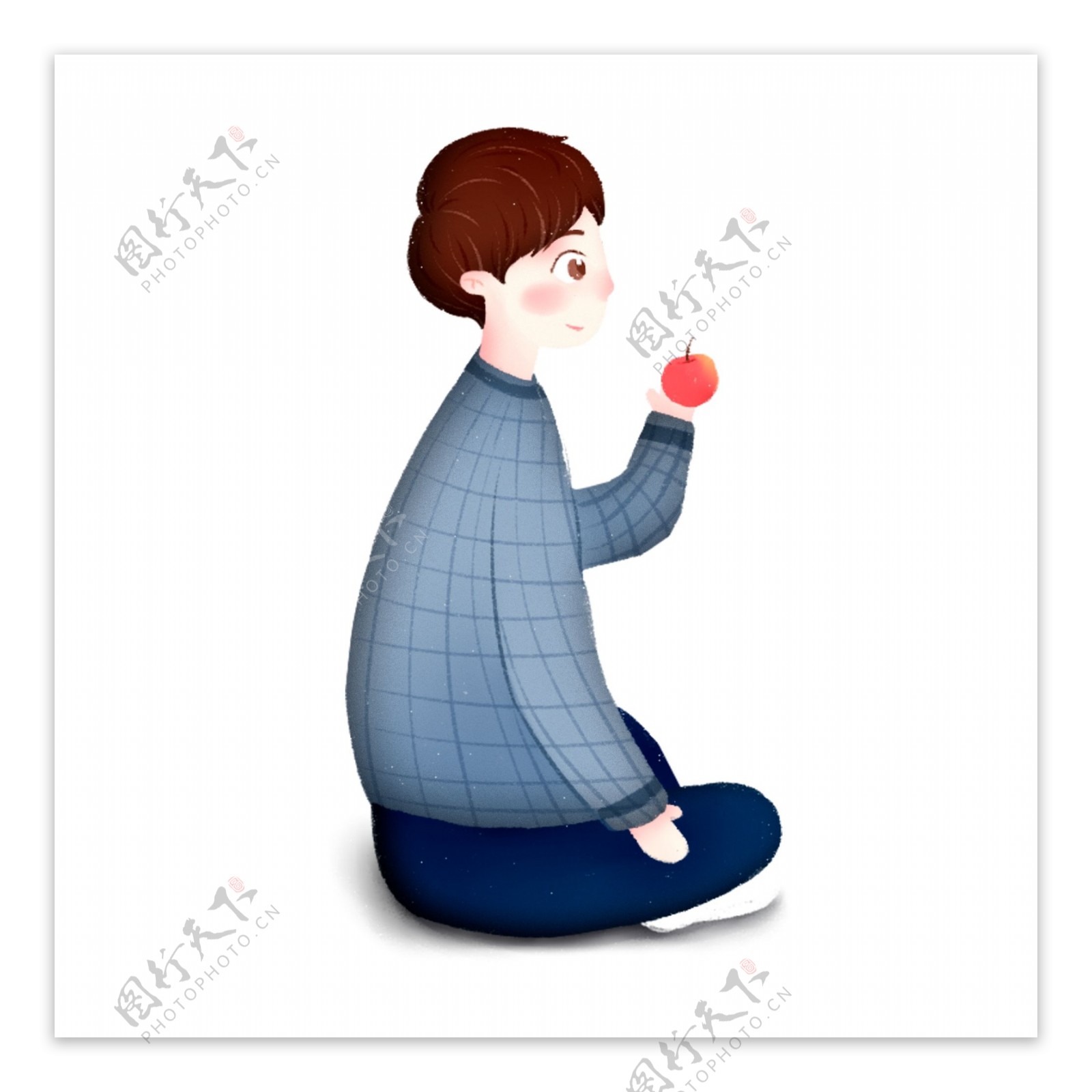 盘腿坐着吃苹果的男生