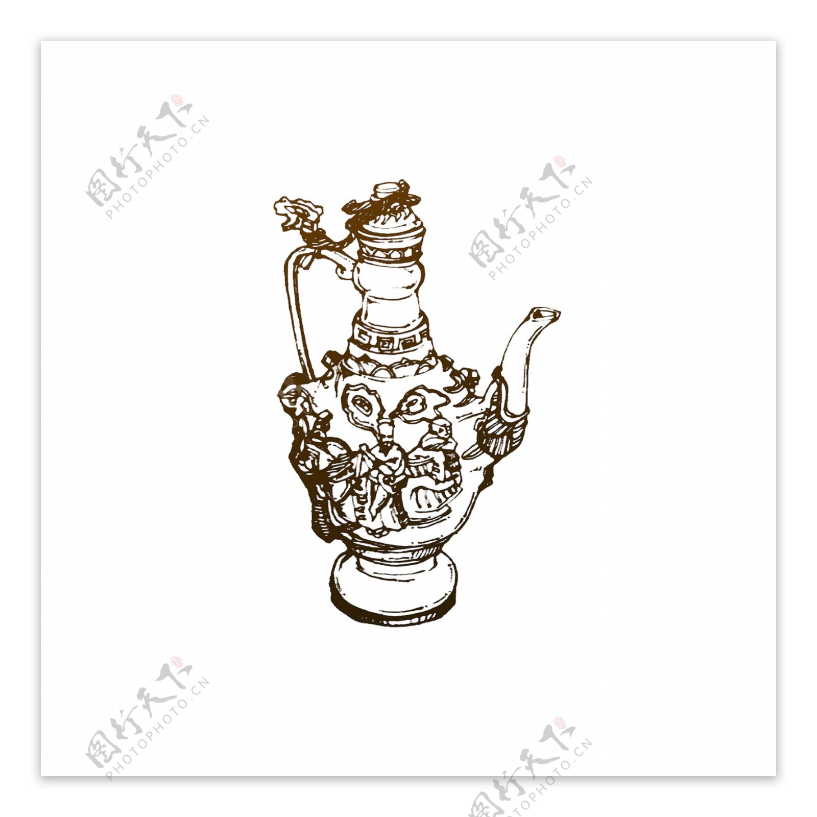 中式浮雕酒壶茶壶线性速写风元素