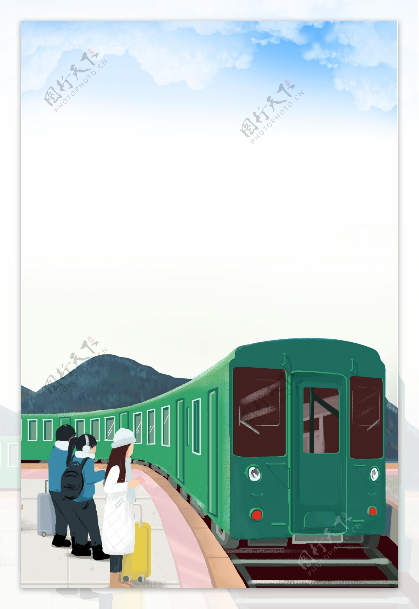 彩绘绿皮火车春运背景设计