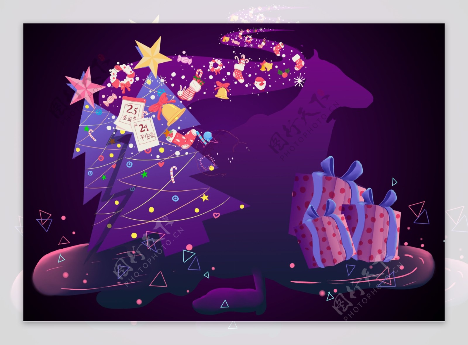 卡通梦幻紫色圣诞礼物背景