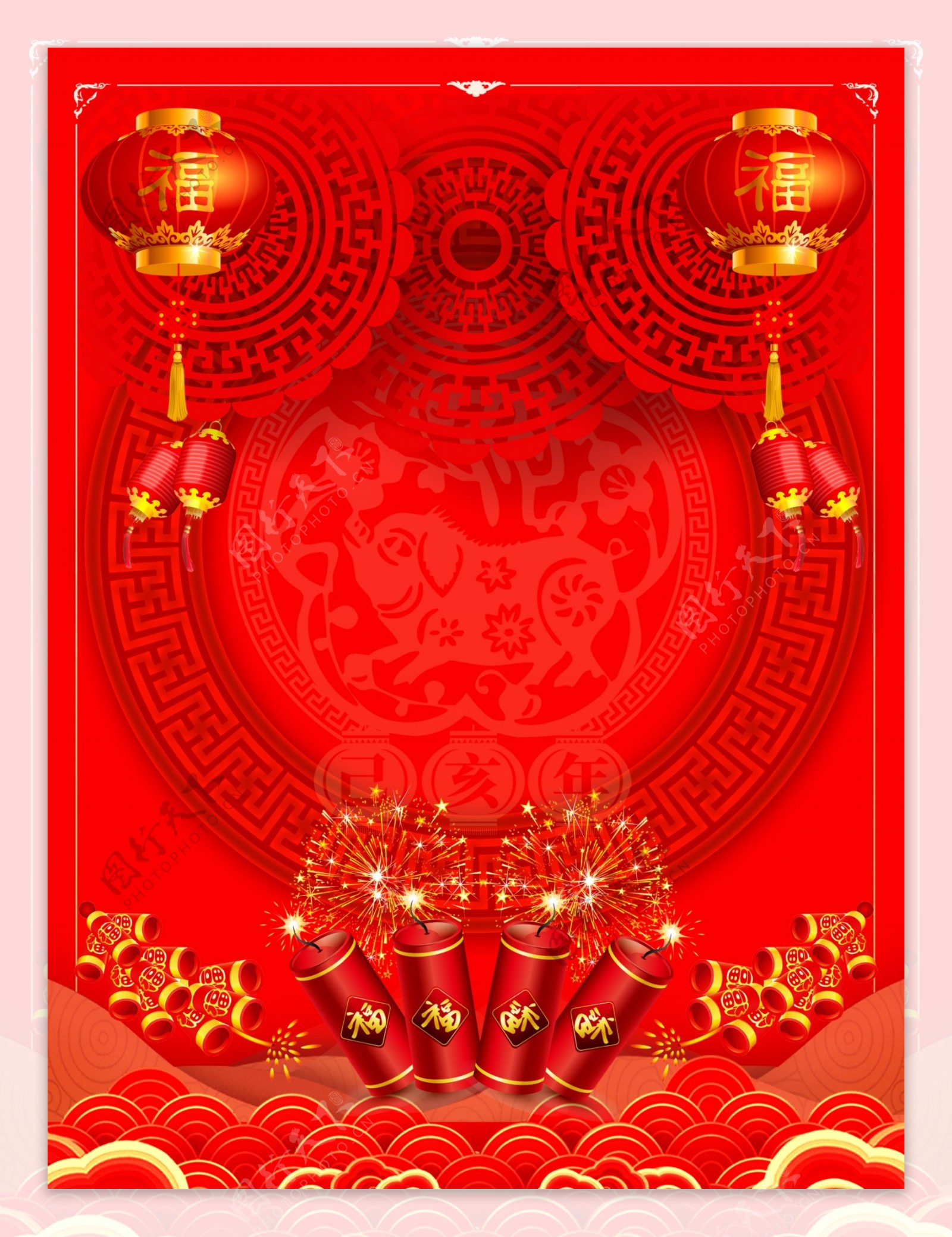 红色喜庆鞭炮春节猪年展板背景