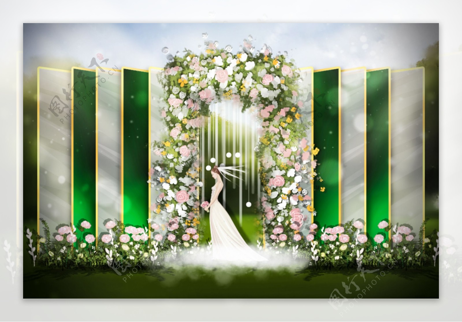 户外墨绿玻璃材质拱门婚礼效果图