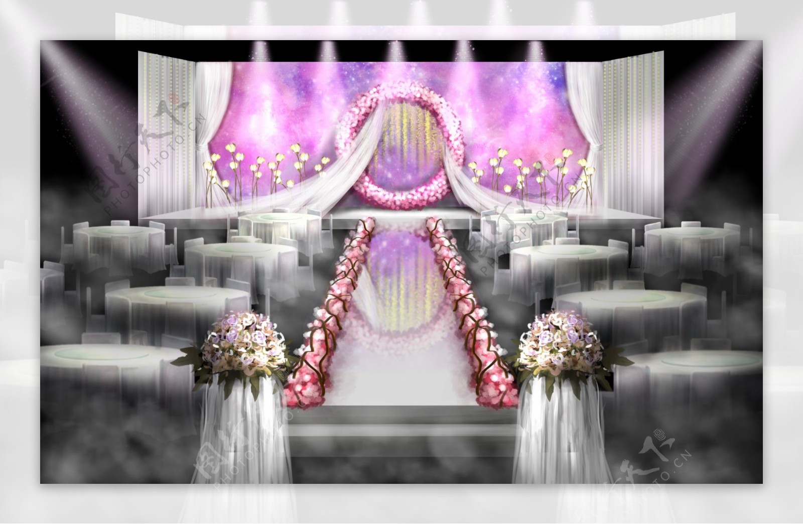 星空背景粉色梦幻婚礼手绘效果图