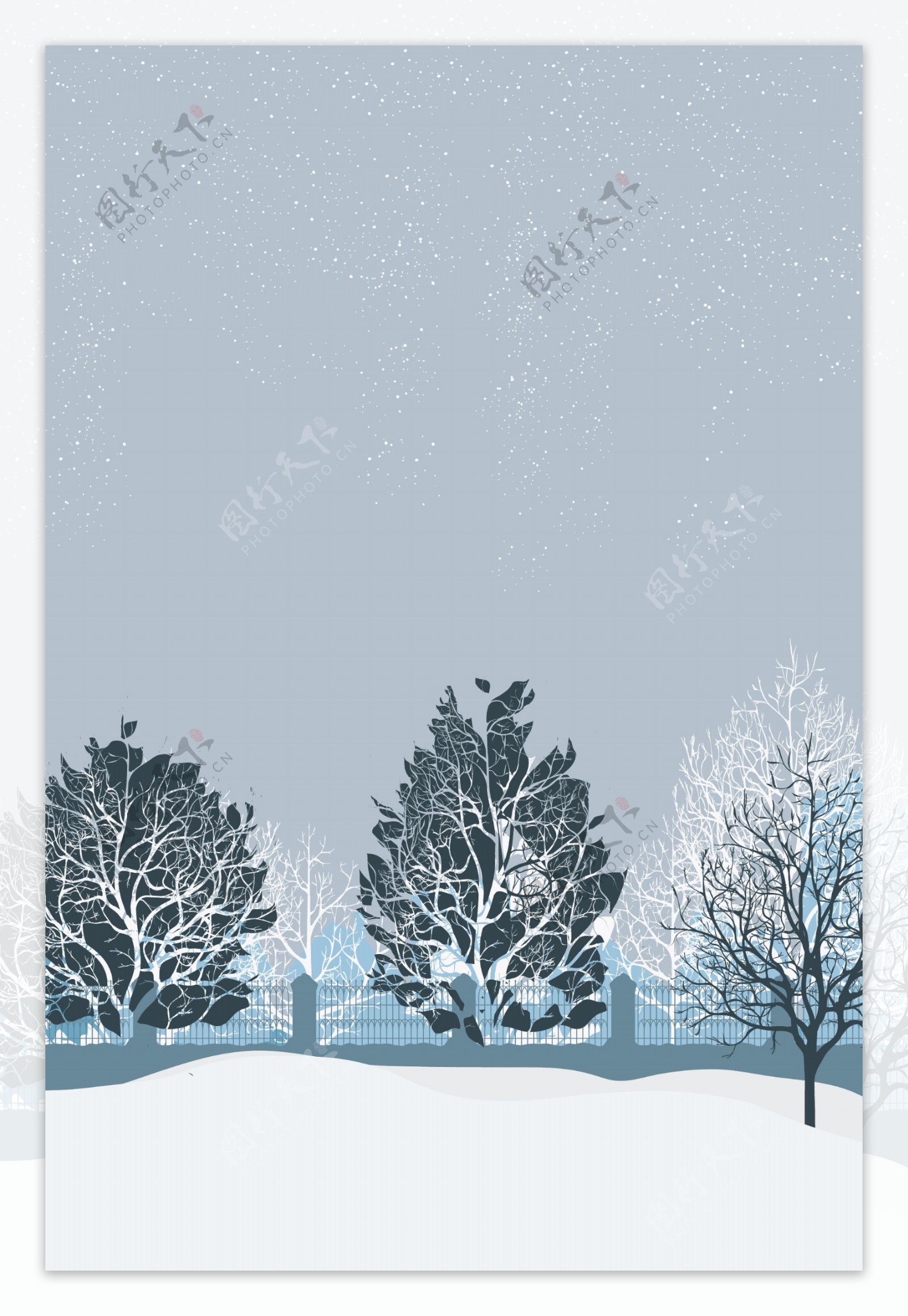 蓝色卡通风树林雪景背景