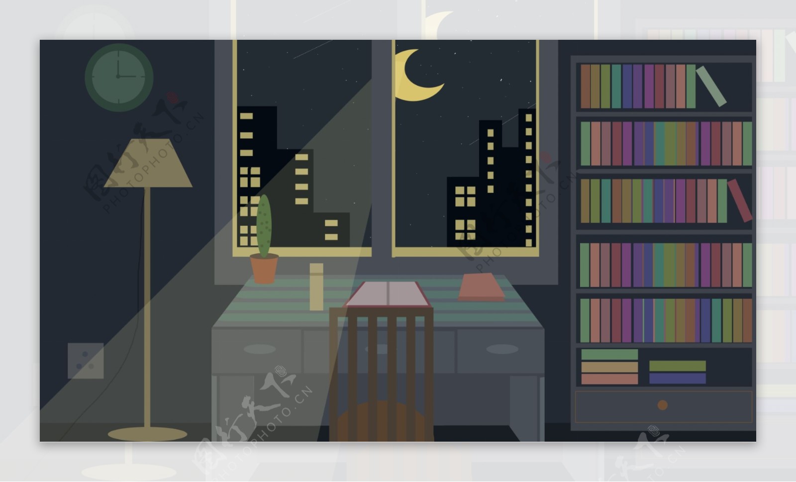 晚安你好月光下的书房背景素材
