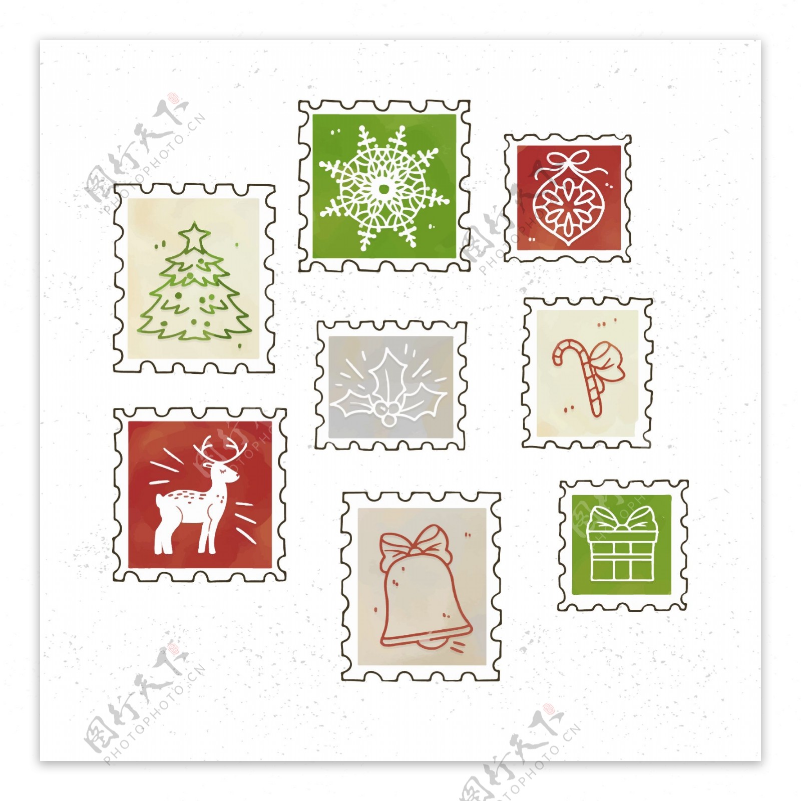 手绘图案的圣诞节邮票标签