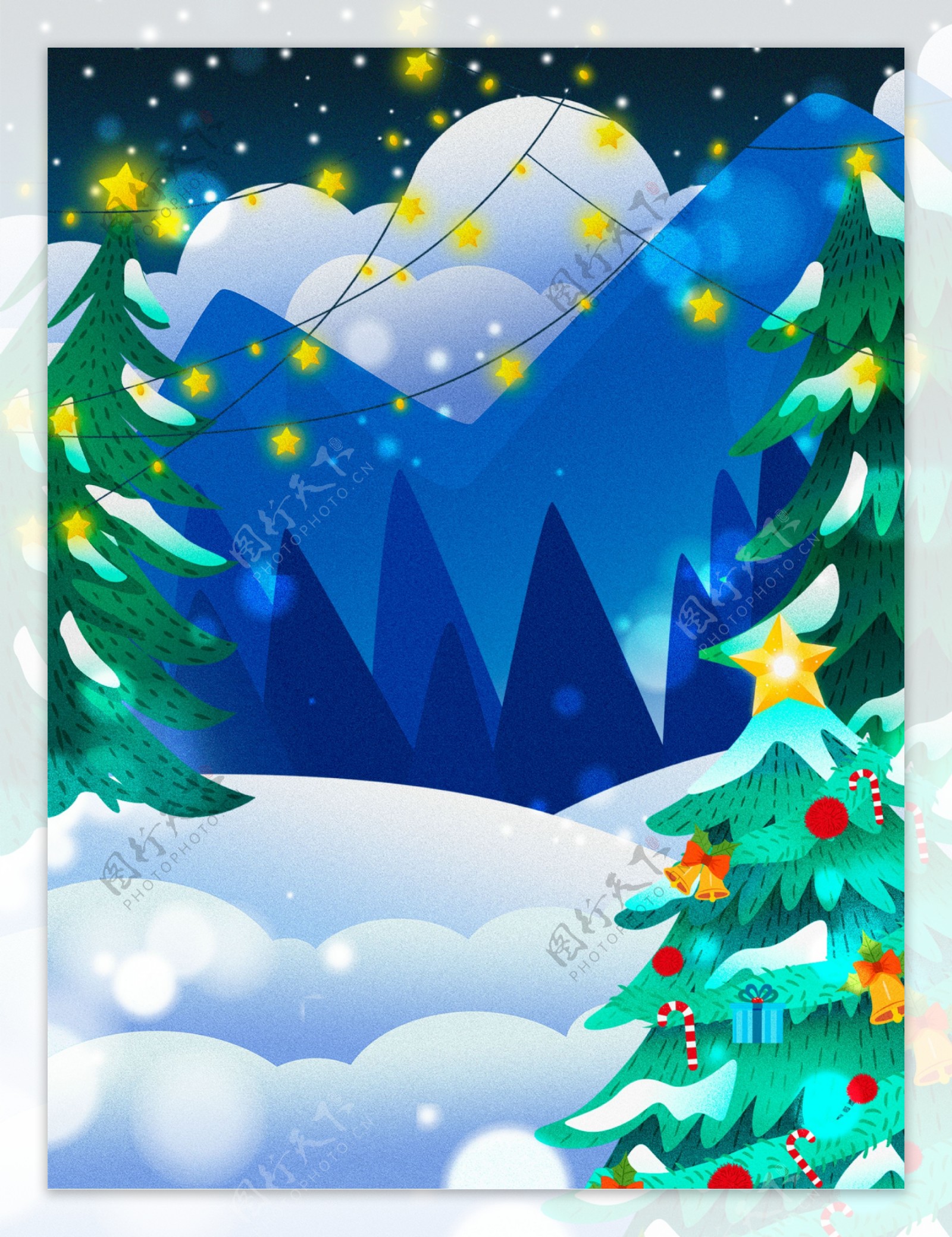 圣诞节手绘彩灯雪景背景素材