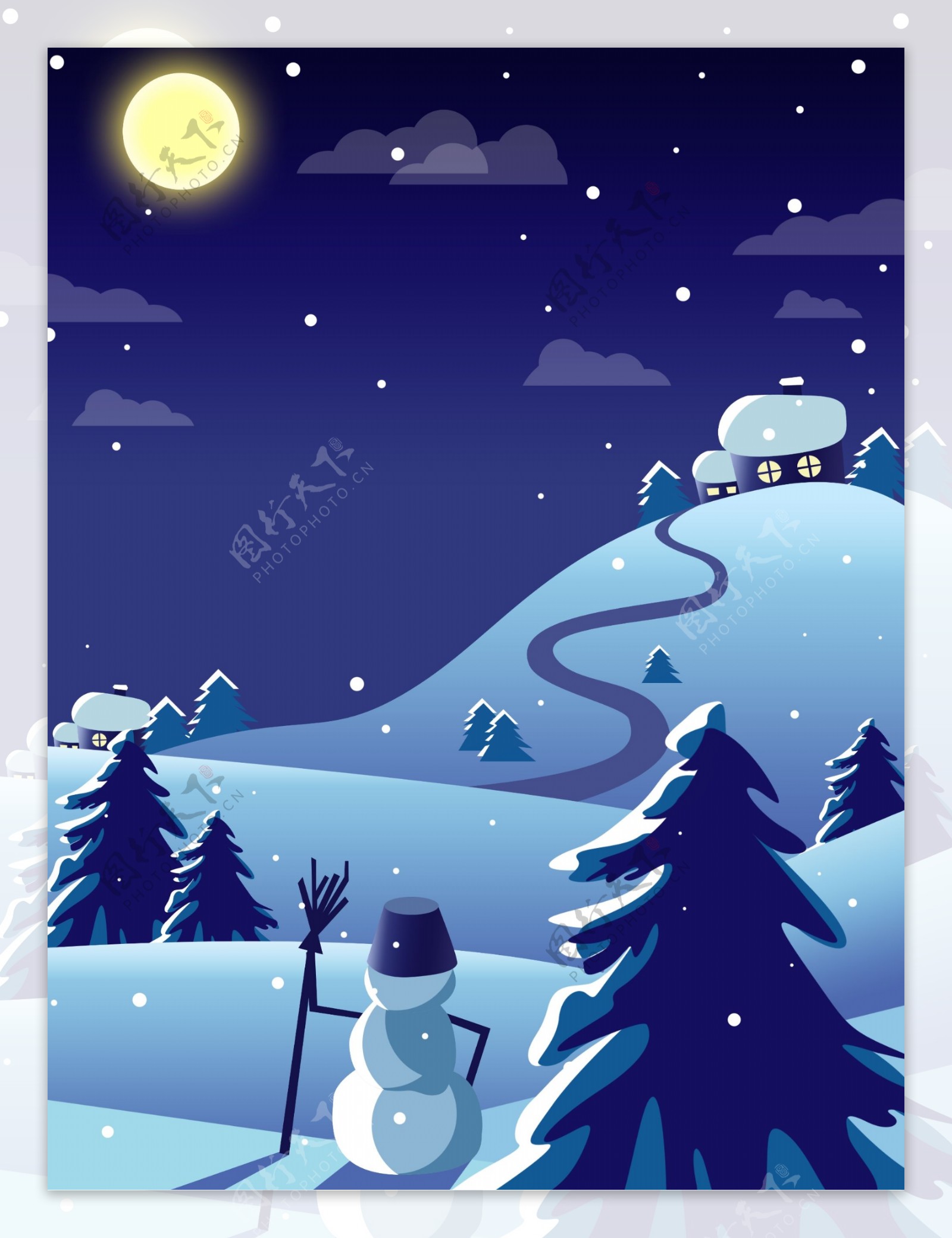 简约冬夜雪人大雪手绘背景图