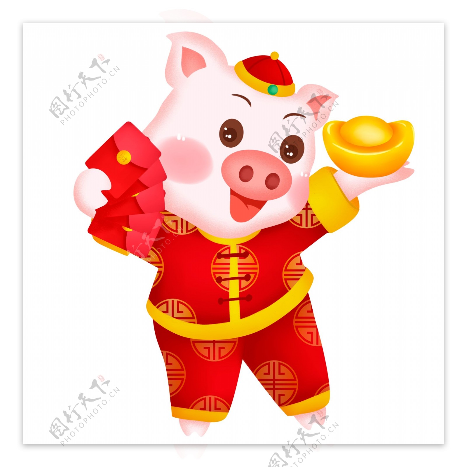 卡通手绘拿着金元宝和红包的猪