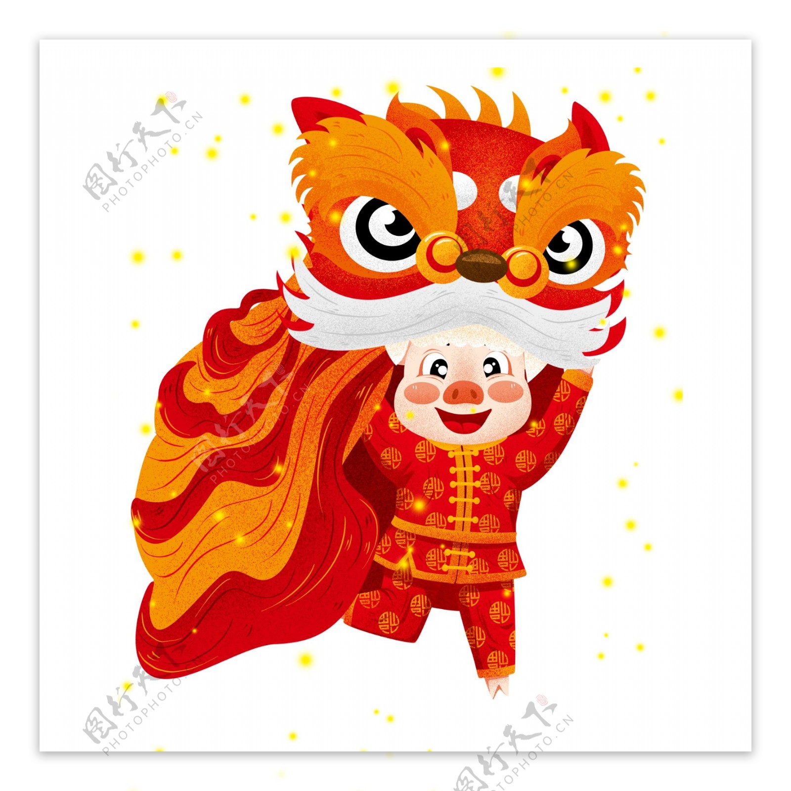 传统中国风舞狮舞龙的猪猪设计