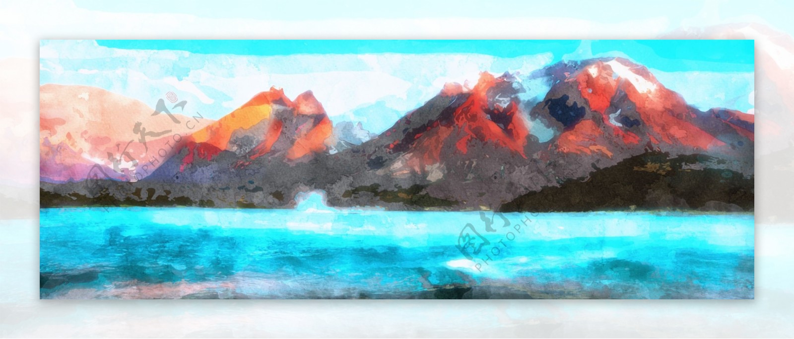全原创手绘水彩天空火山水风景背景