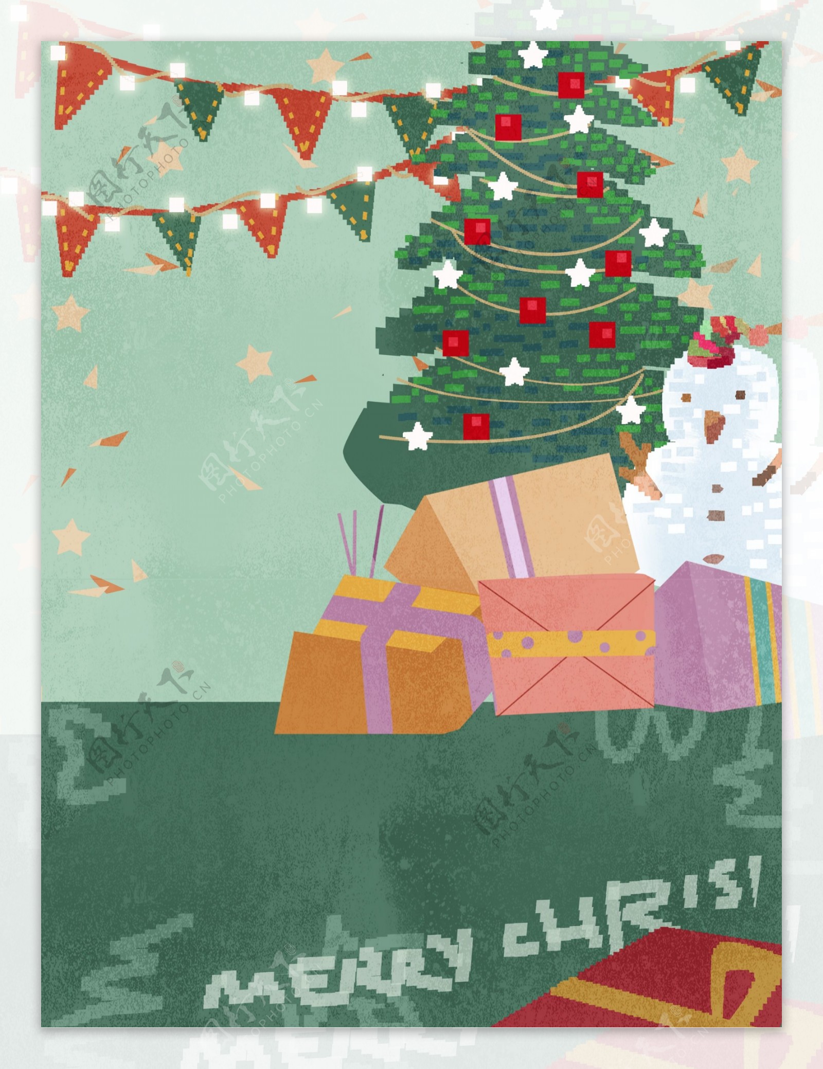 手绘卡通圣诞节圣诞树背景素材