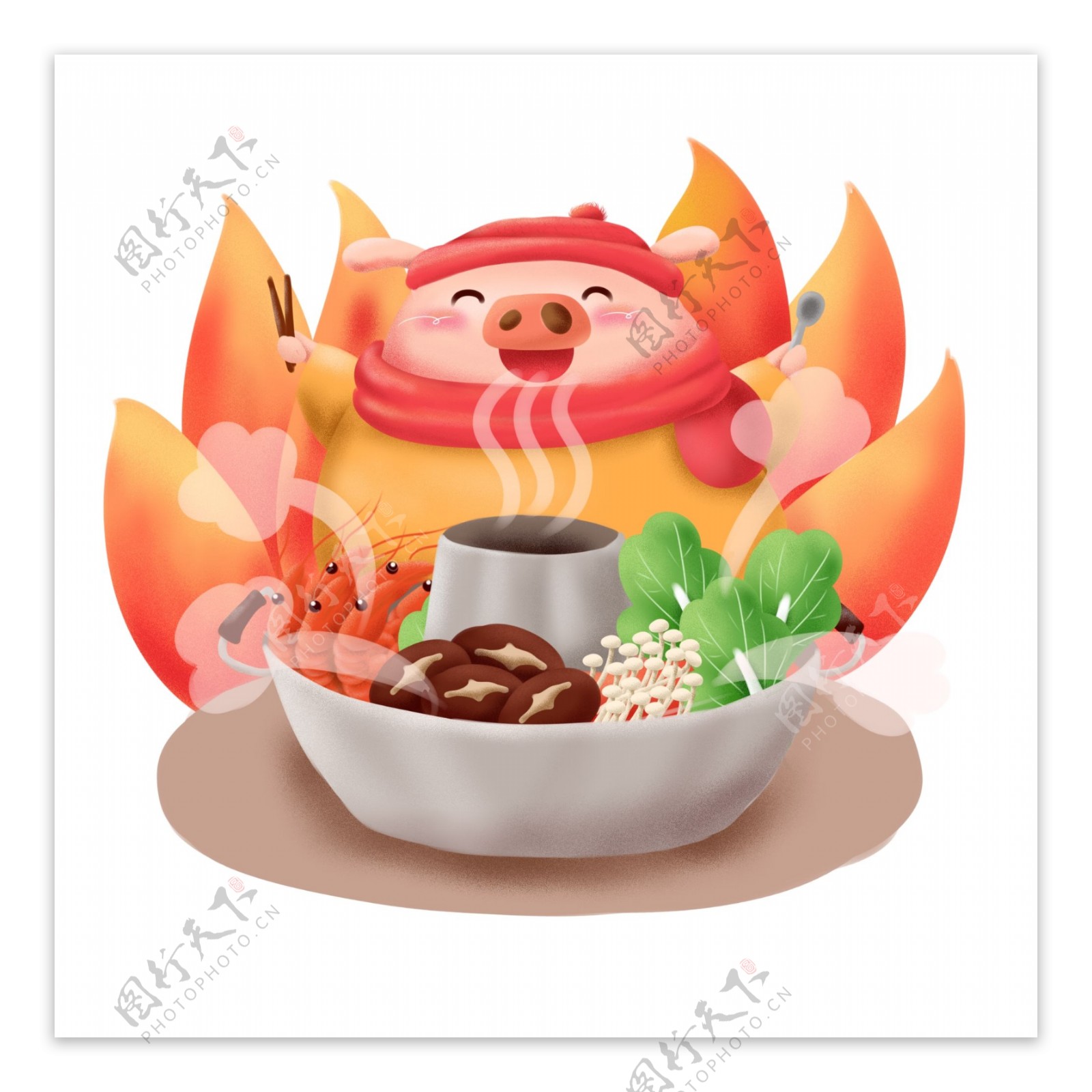 手绘卡通猪年动物形象冬季火锅可商用插画