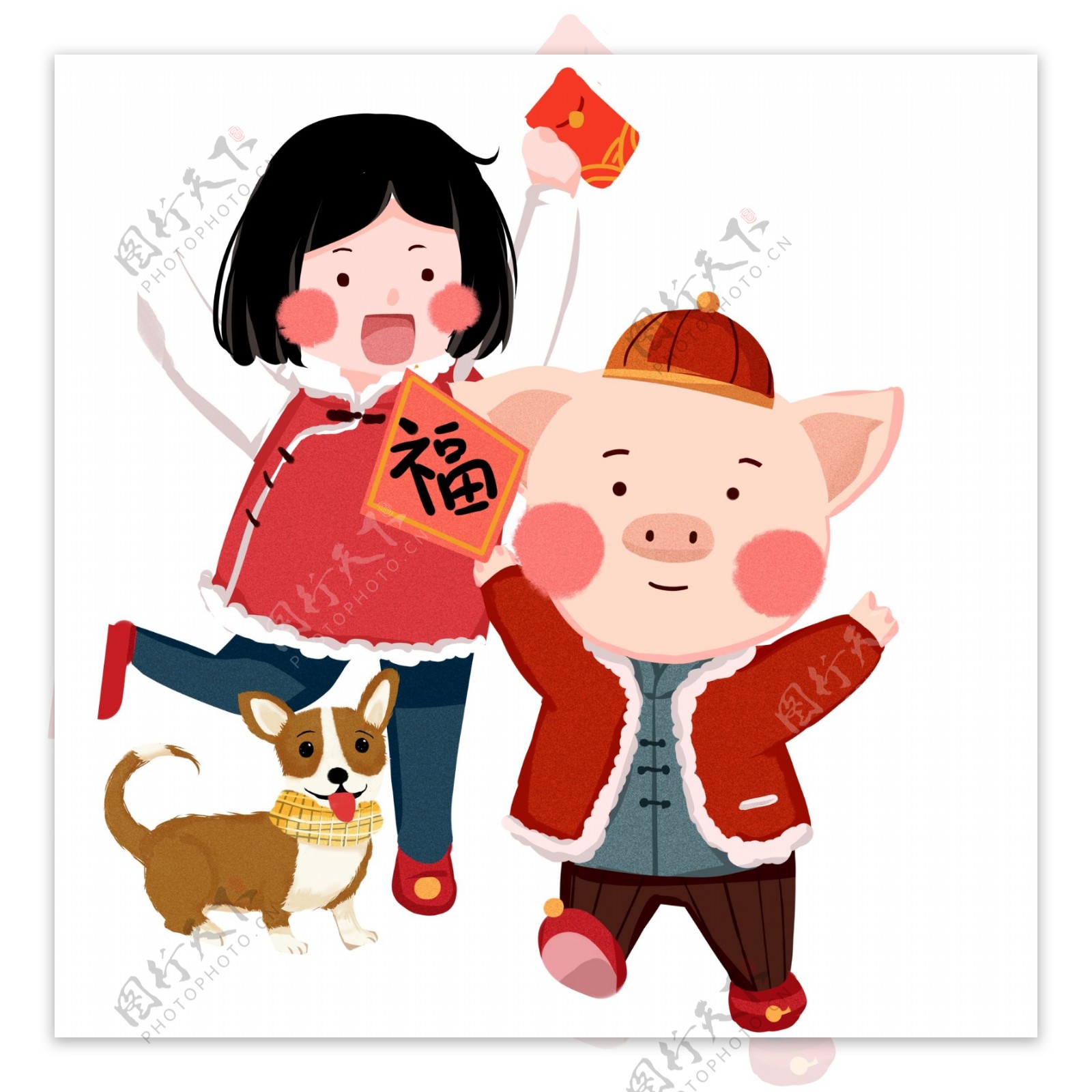 喜庆春节女孩和小猪一起过年