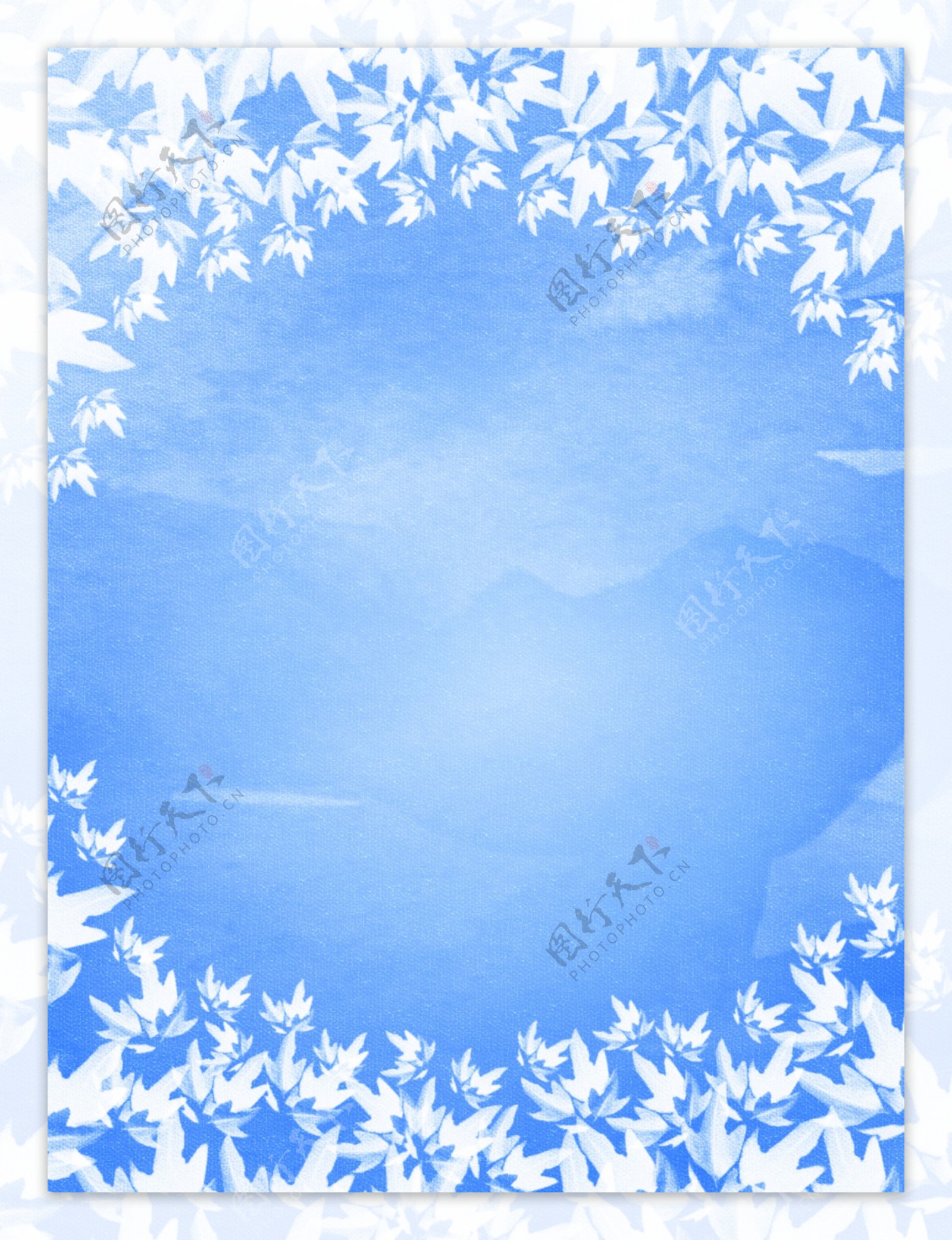 纯原创手绘冬天蓝色渐变叶子水彩背景