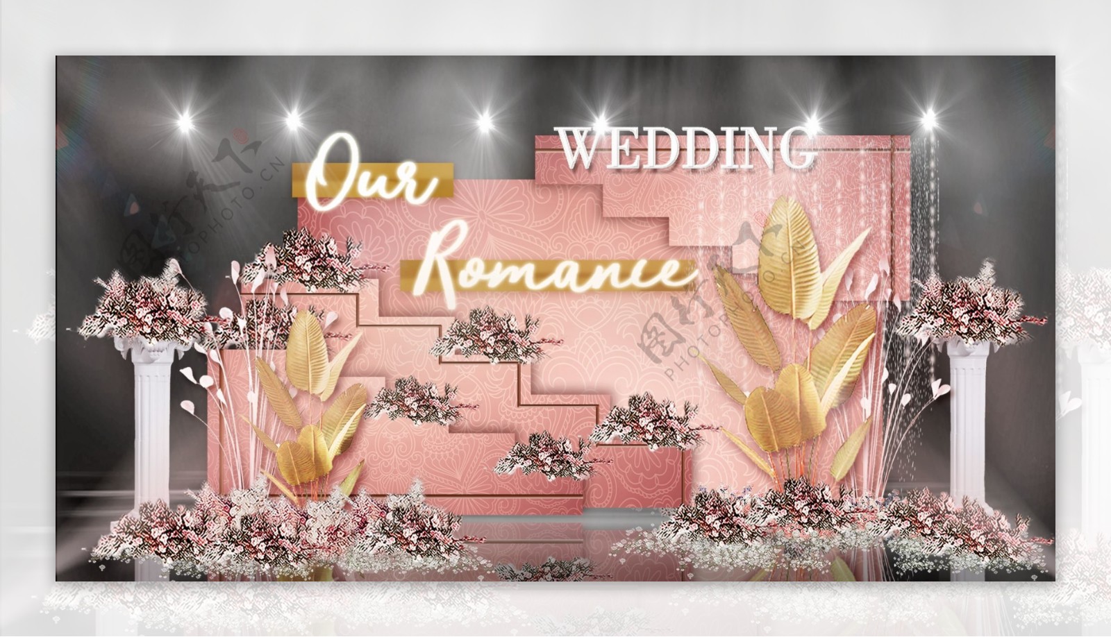 粉色摩洛哥风情阶梯型背景棕榈树婚礼效果图