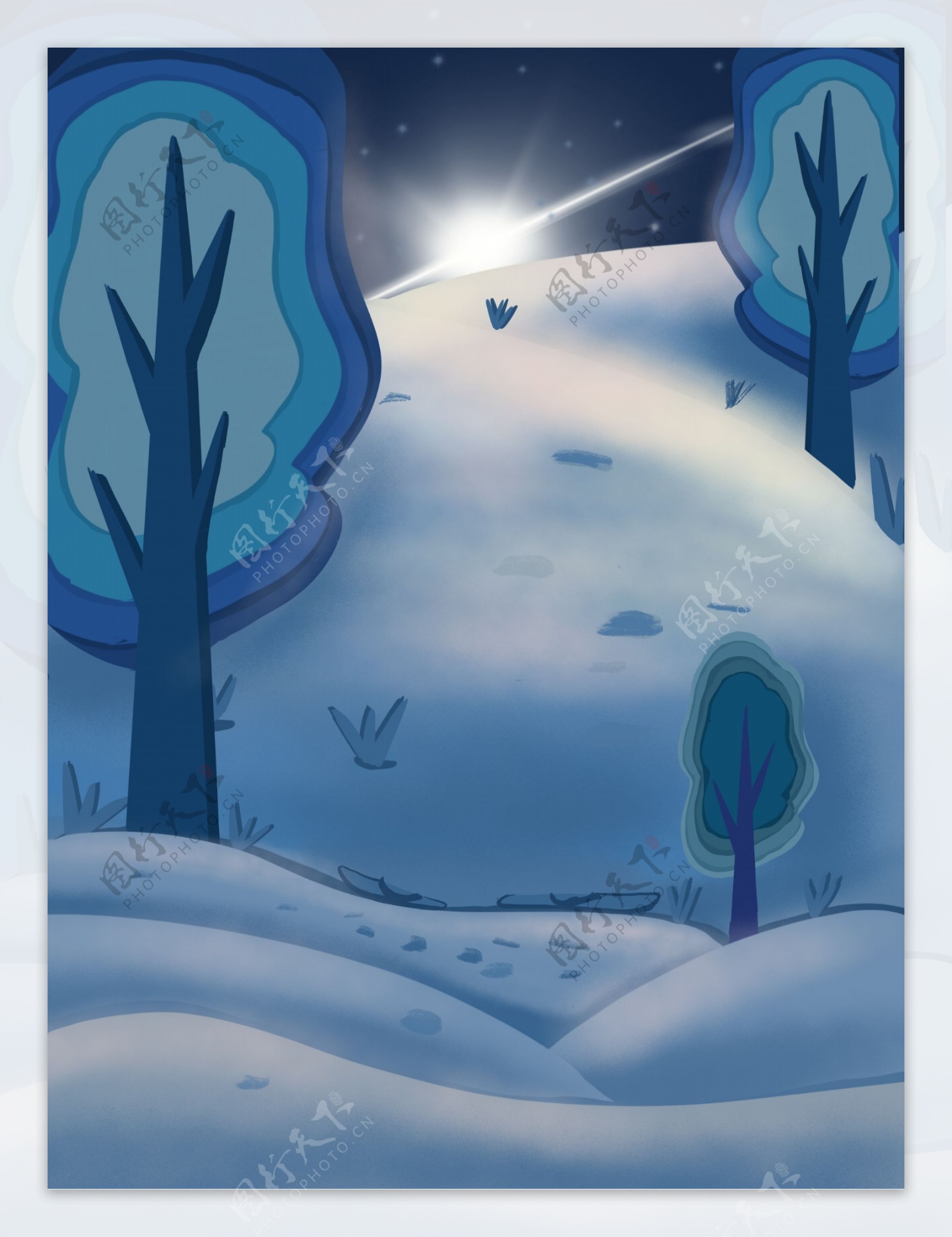 唯美蓝色雪地光束树林背景设计