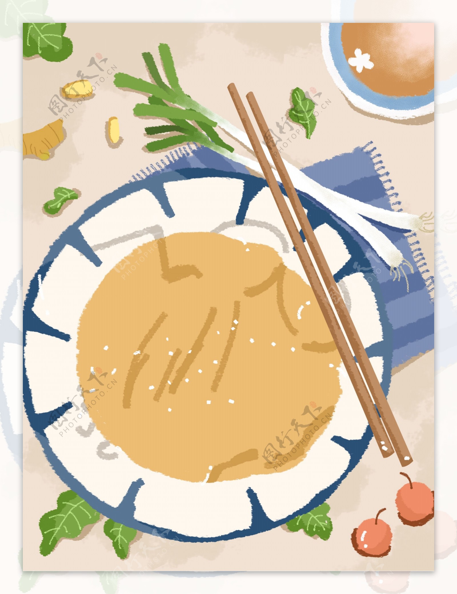 传统美食煎饼卷大葱插画背景