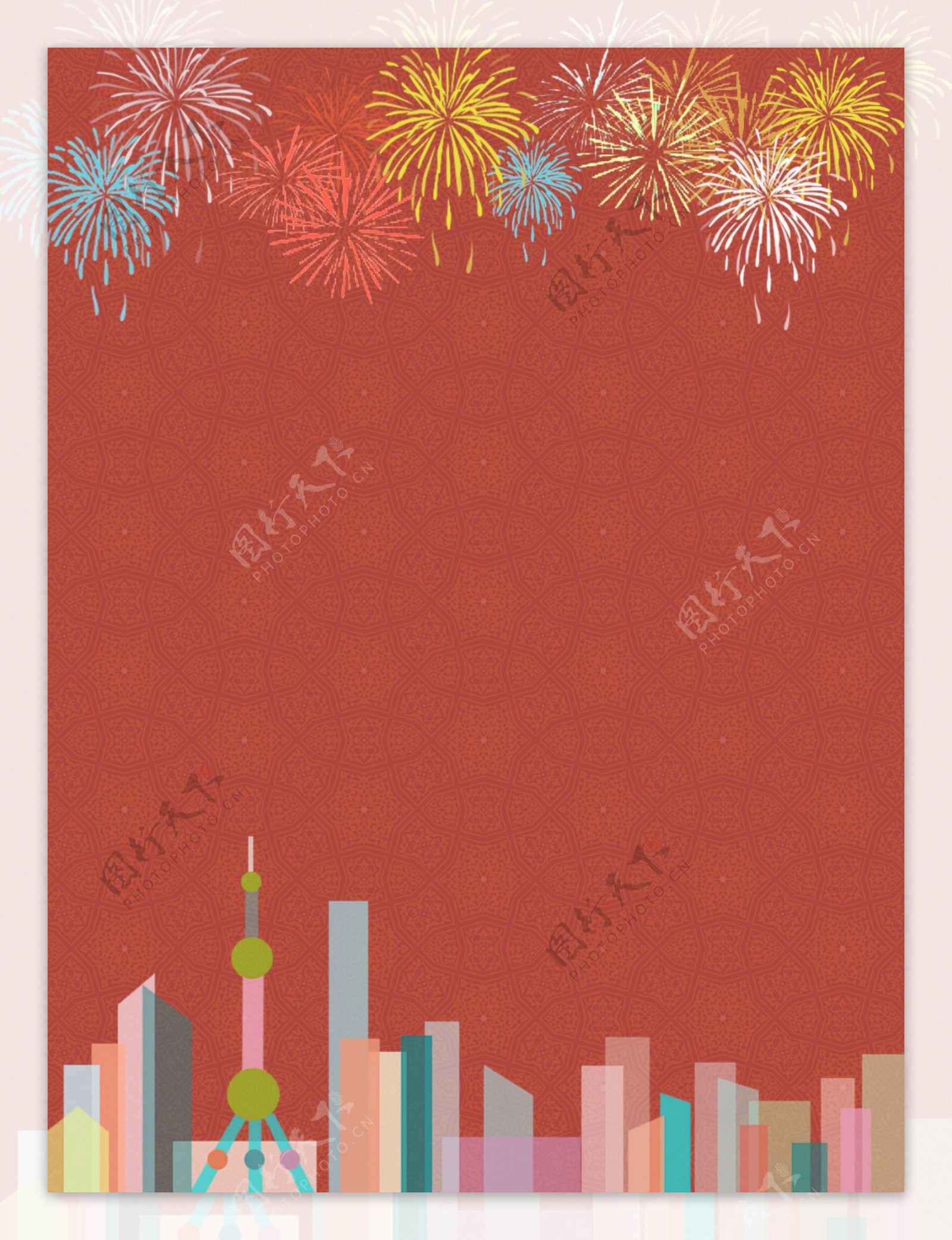 红色喜庆烟花城市新年元旦背景素材