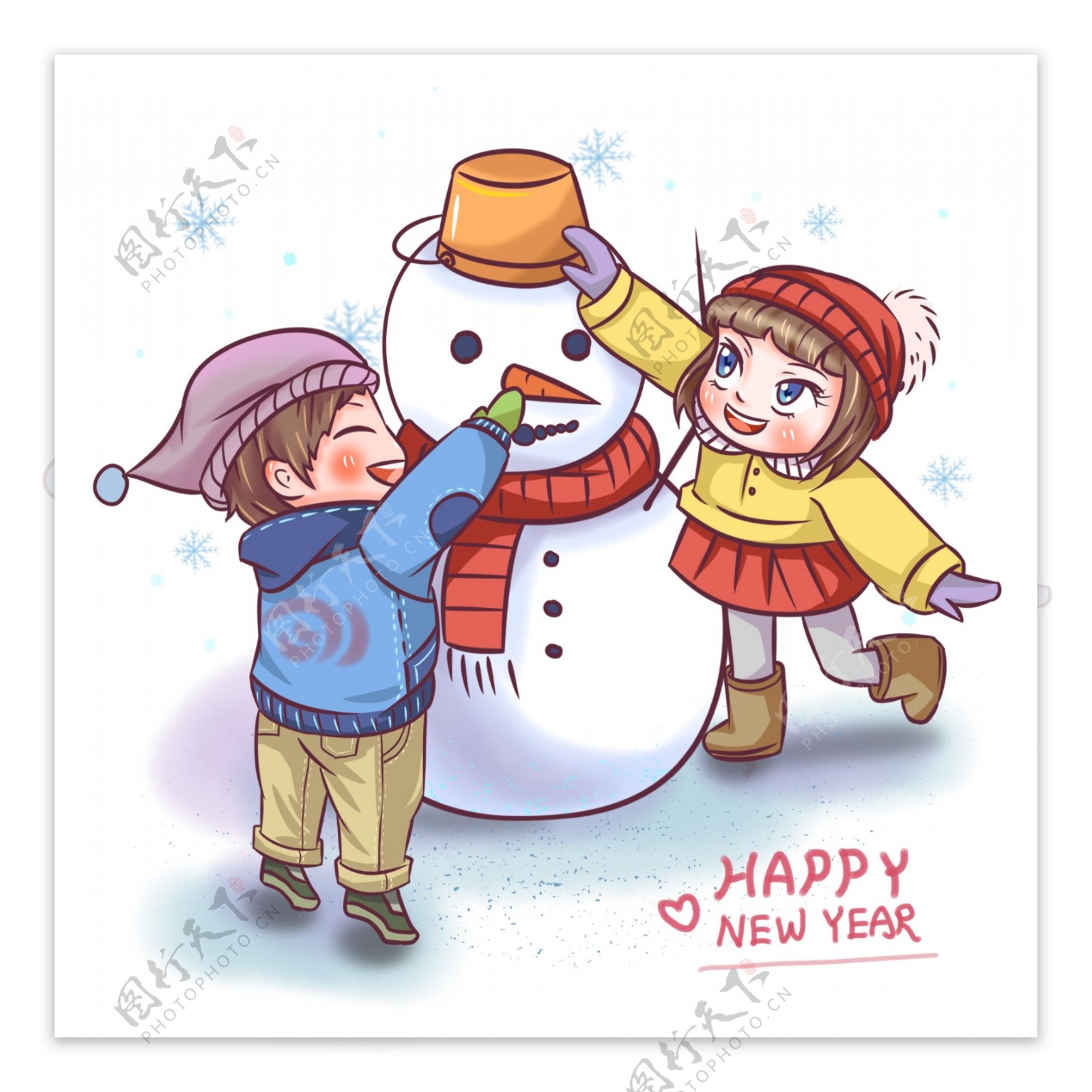 手绘商用元旦孩子堆雪人玩耍新年嬉戏场景