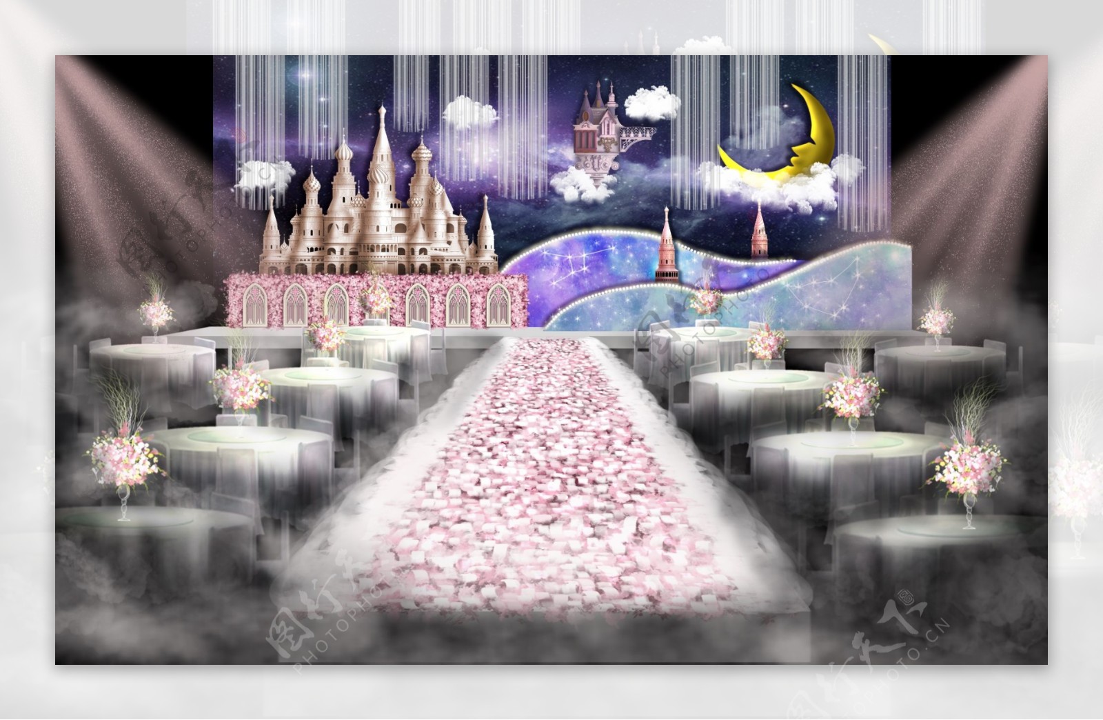 粉紫色童话城堡主题婚礼效果图