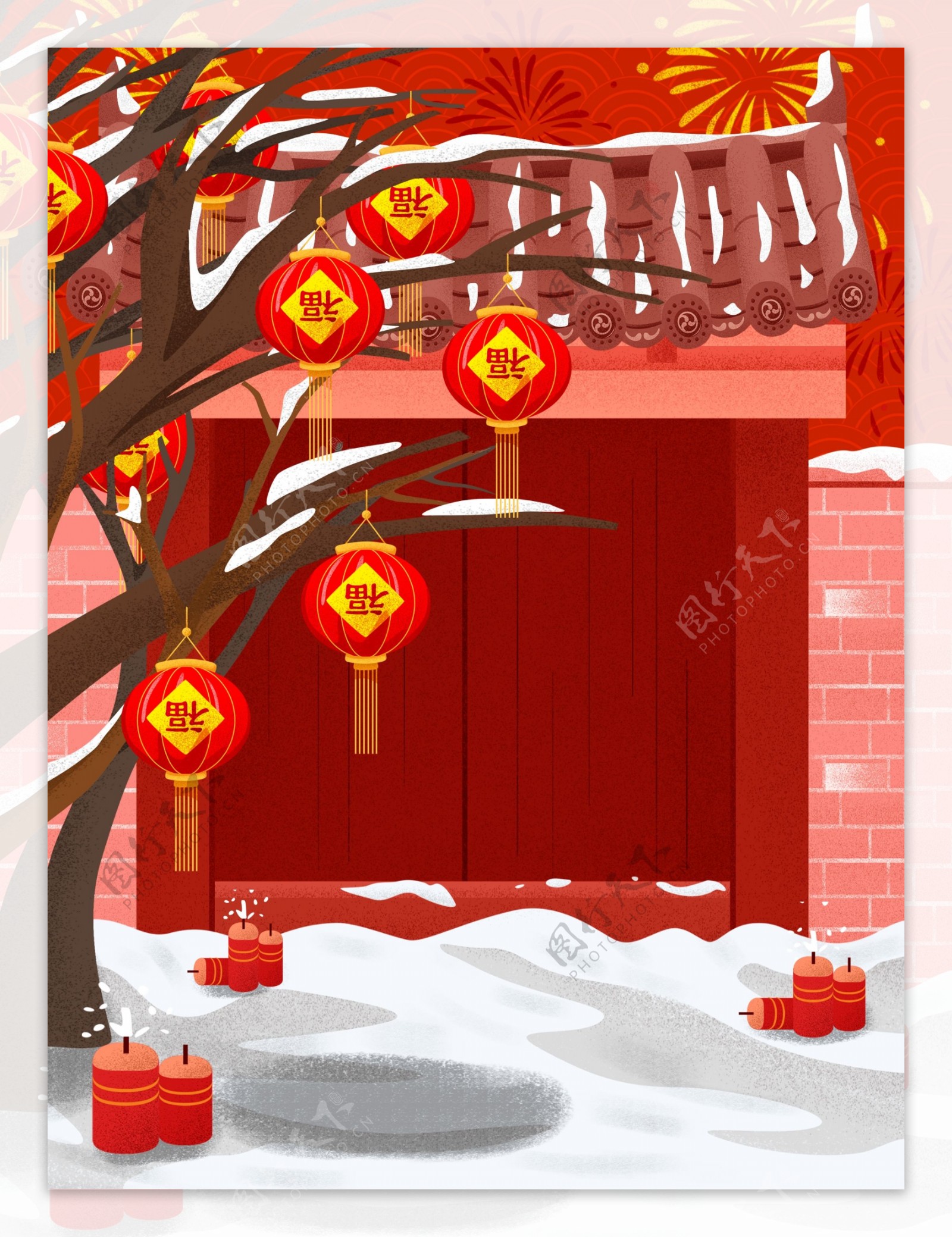 红色喜庆猪年灯笼门庭背景设计