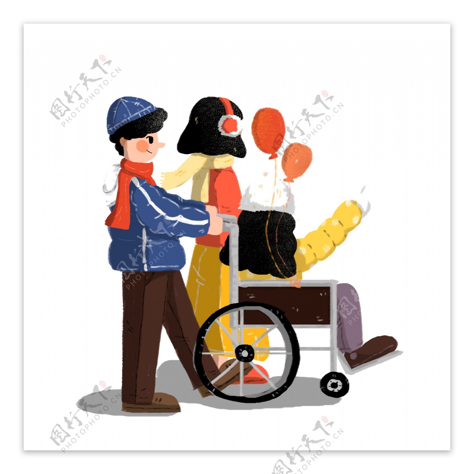 手绘推着轮椅散步的一家三口人物设计
