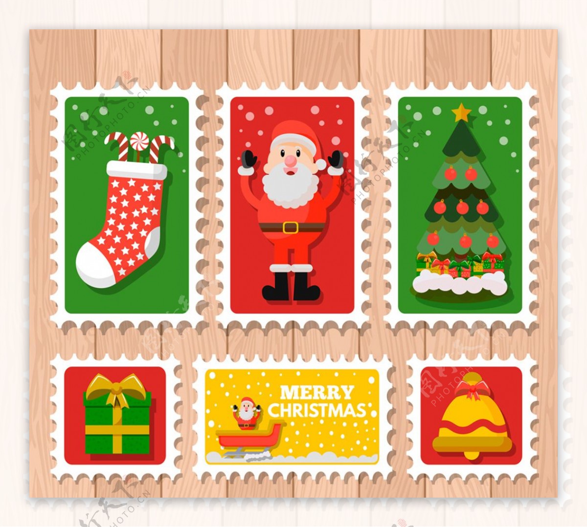 6款彩色圣诞邮票设计矢量素材