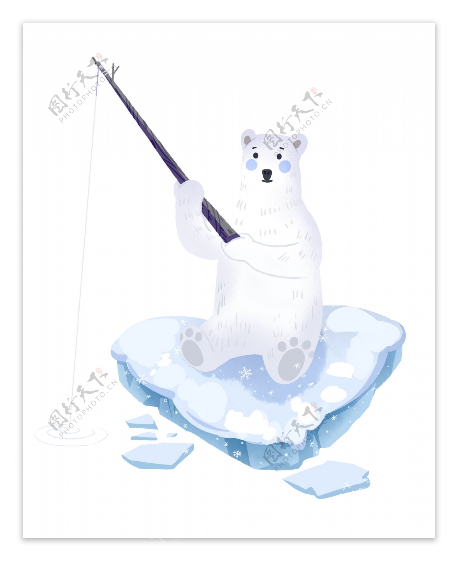 冬天可爱北极熊钓鱼手绘免抠素材