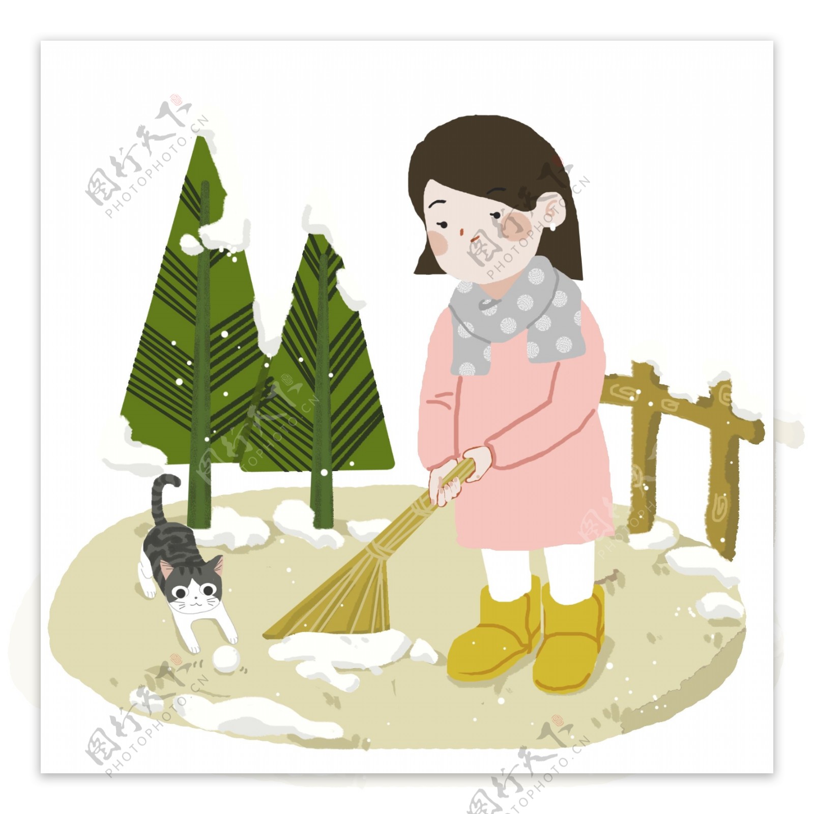女孩在院子里扫雪图