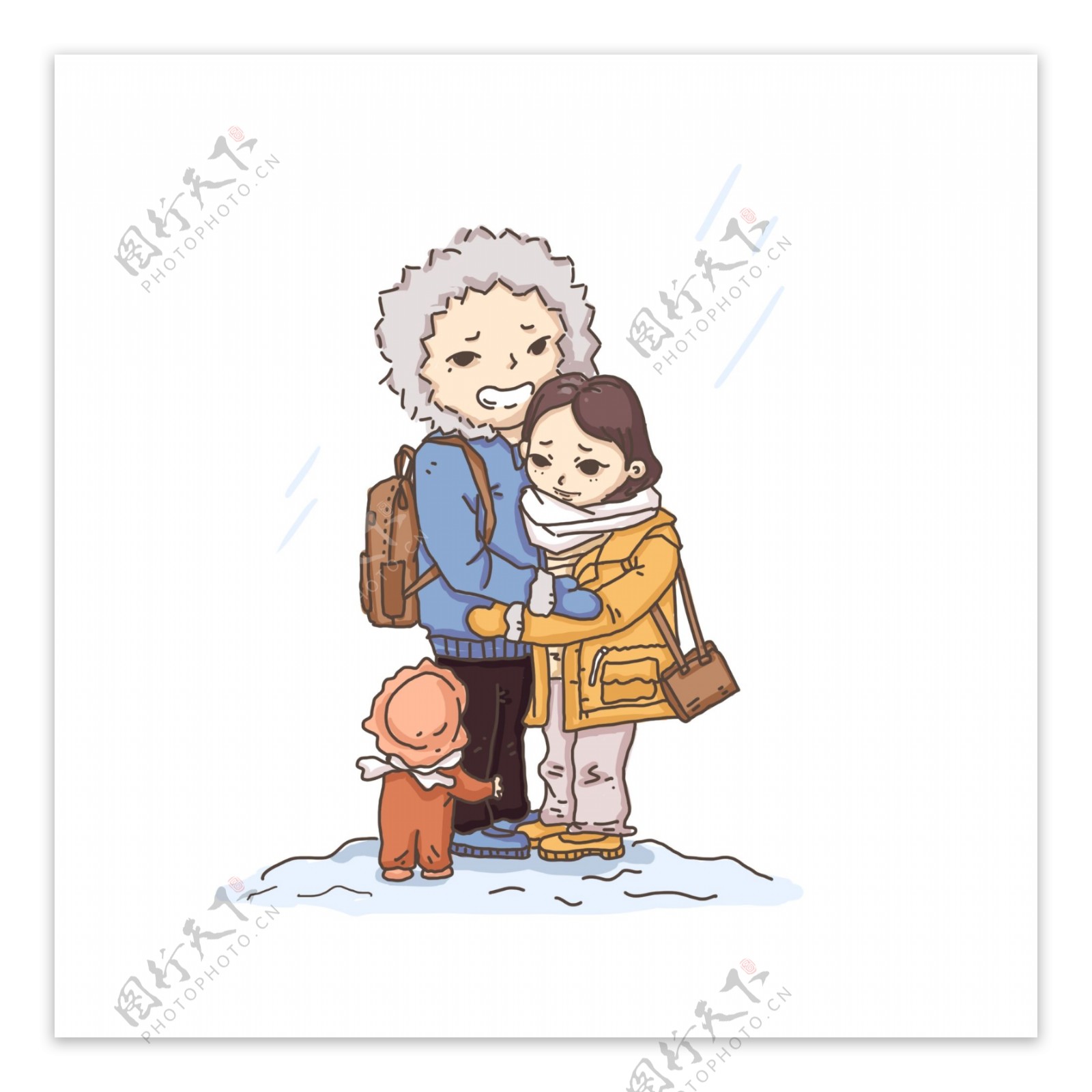 卡通手绘一家人冬天雪地里取暖