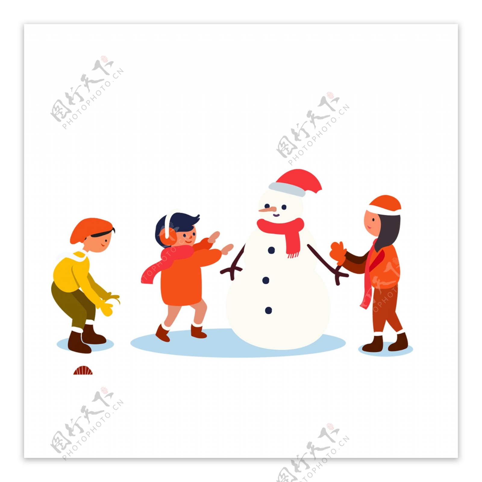 卡通圣诞节堆雪人的一群小孩