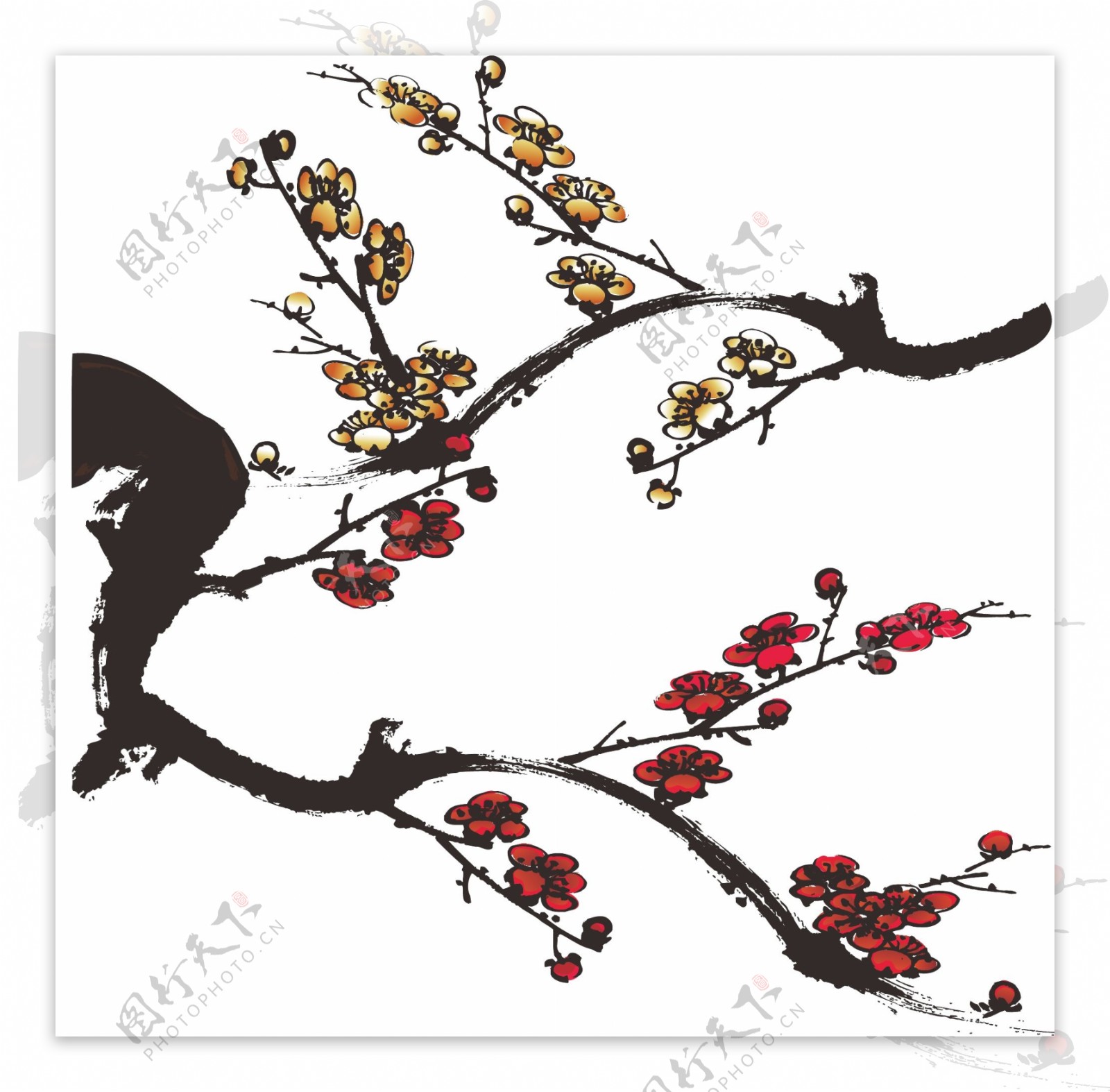 手绘中国风水墨花卉植物红梅花腊梅装饰元素