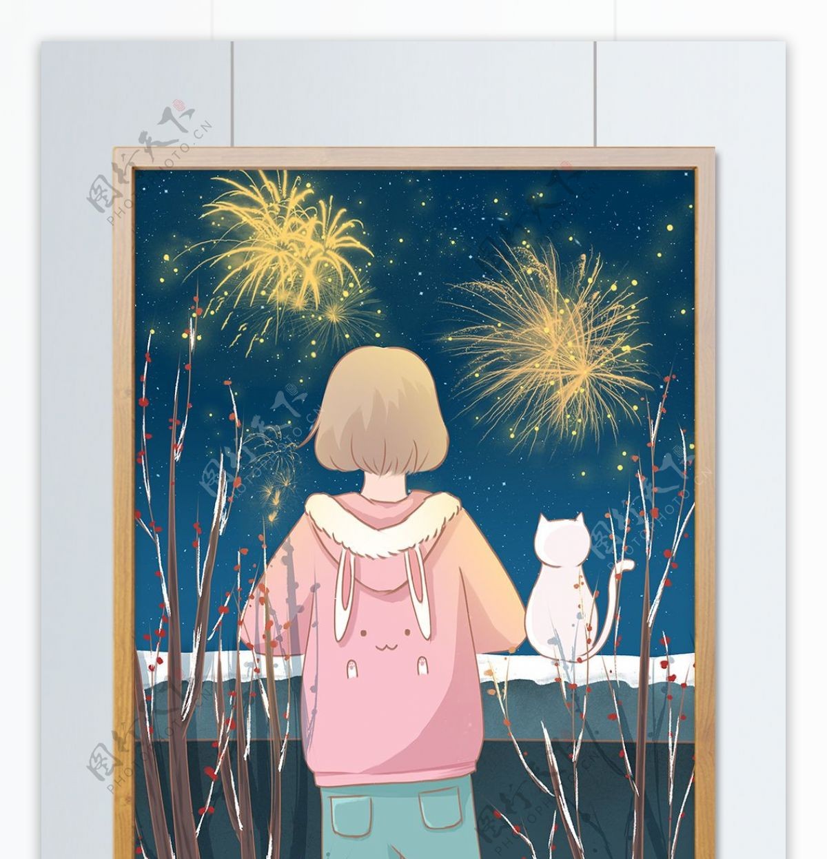 元旦快乐插画趴在墙头看烟花的女孩和小猫