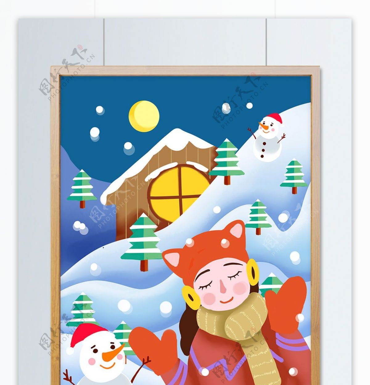 节日节气大雪冬季剪纸风小女孩雪人手绘插画