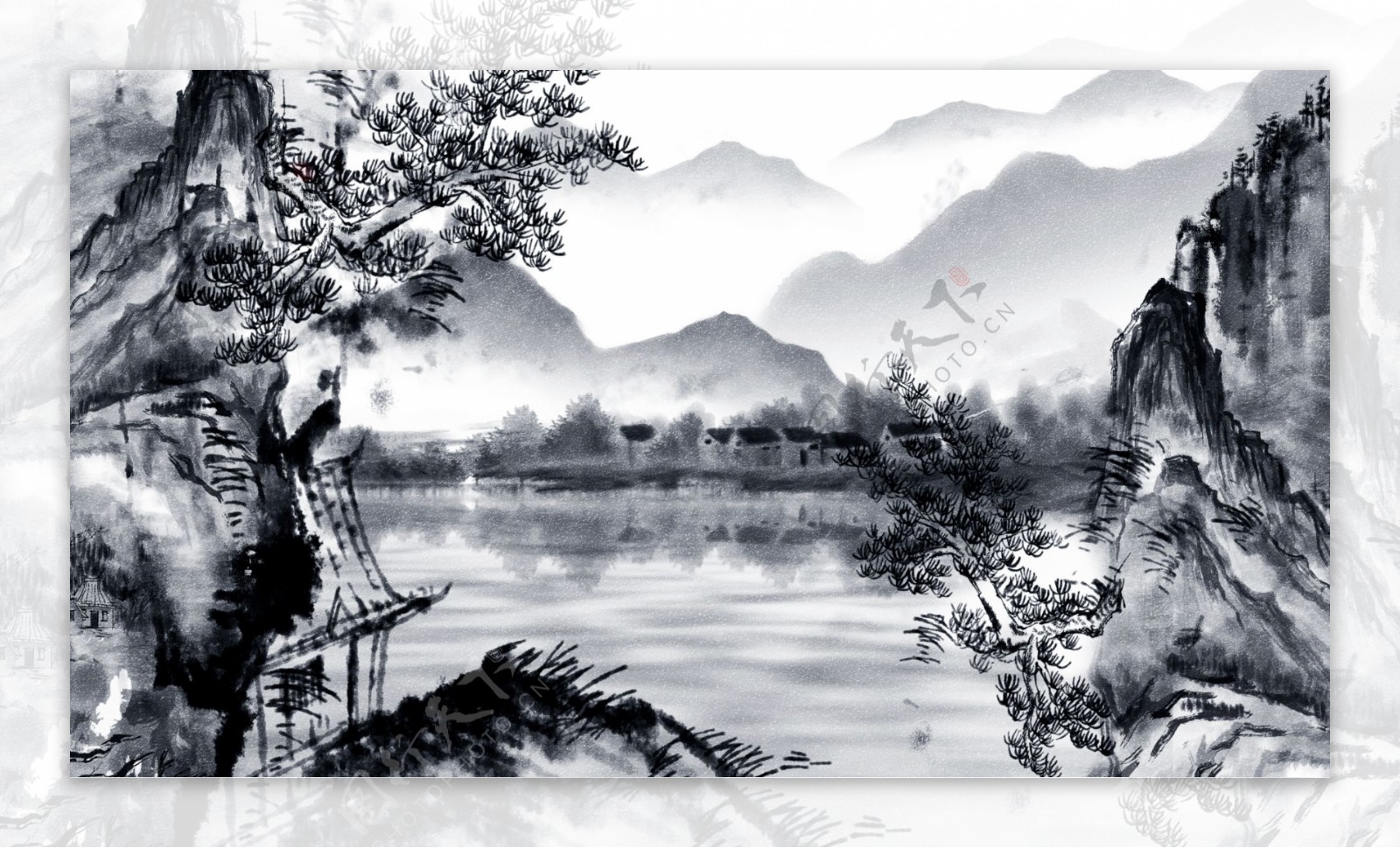 原创唯美中国古风水彩画水墨画风景山水插画