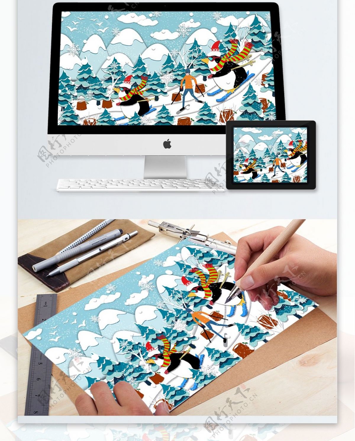 剪纸风企鹅在大山上滑雪插画