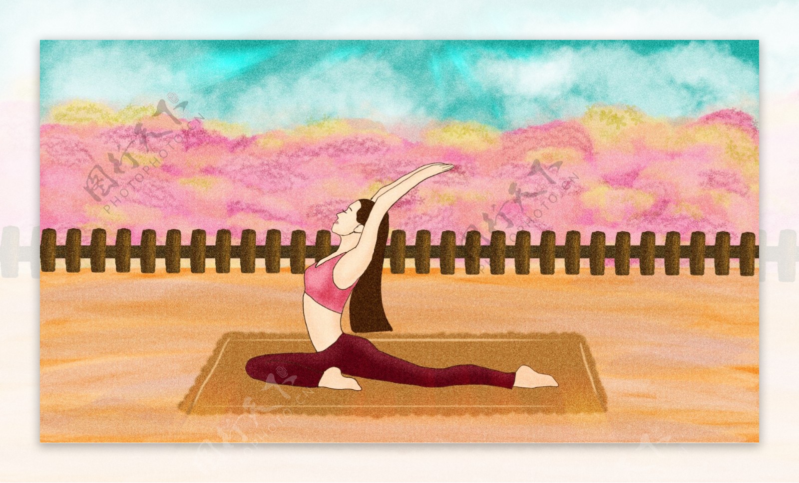 健身户外瑜珈卡通人物暖色系风景手绘插画