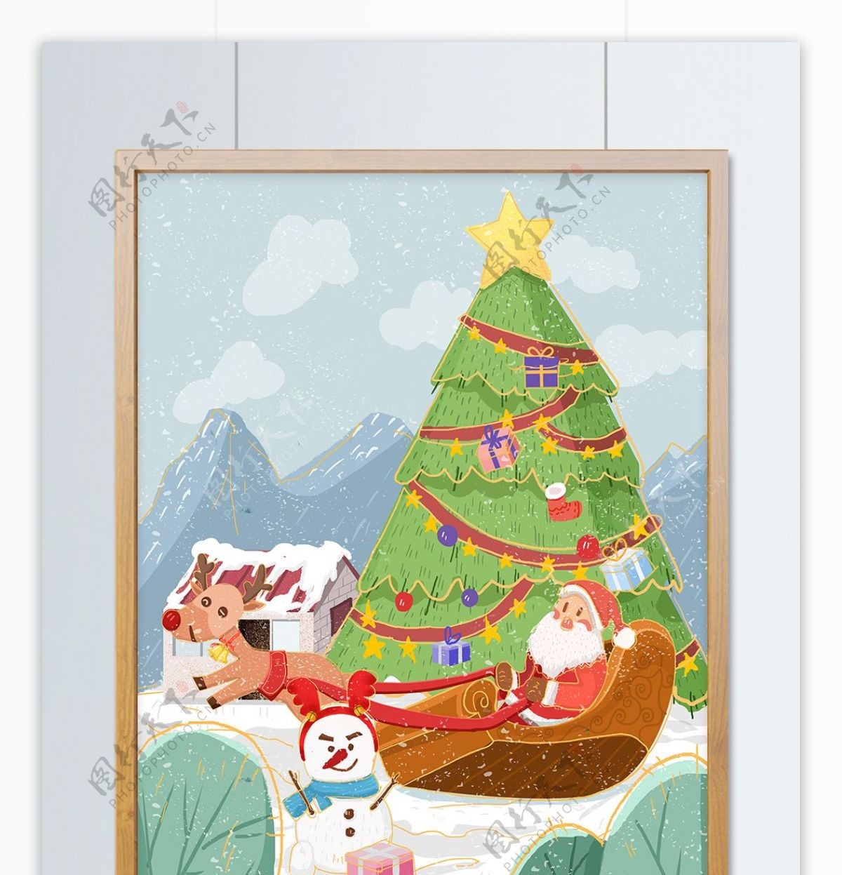 圣诞老人滑雪橇圣诞节插画